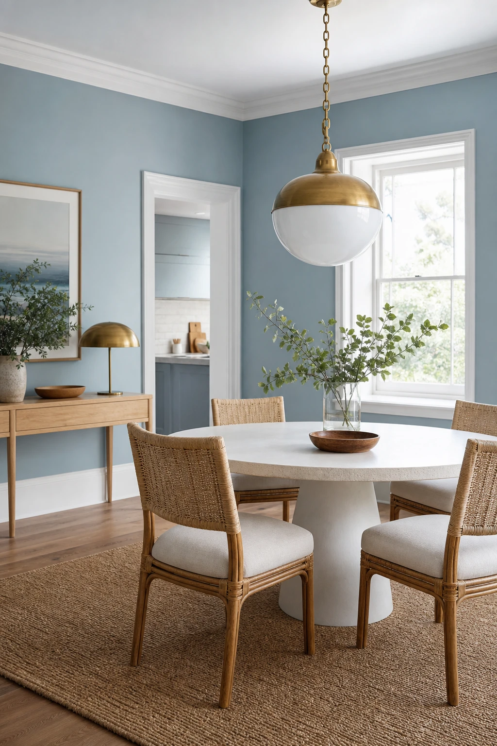 Airy navy blue dining room with light blue walls painted in Farrow & Ball Lulworth Blue, round pedestal table, woven chairs, and soft natural light