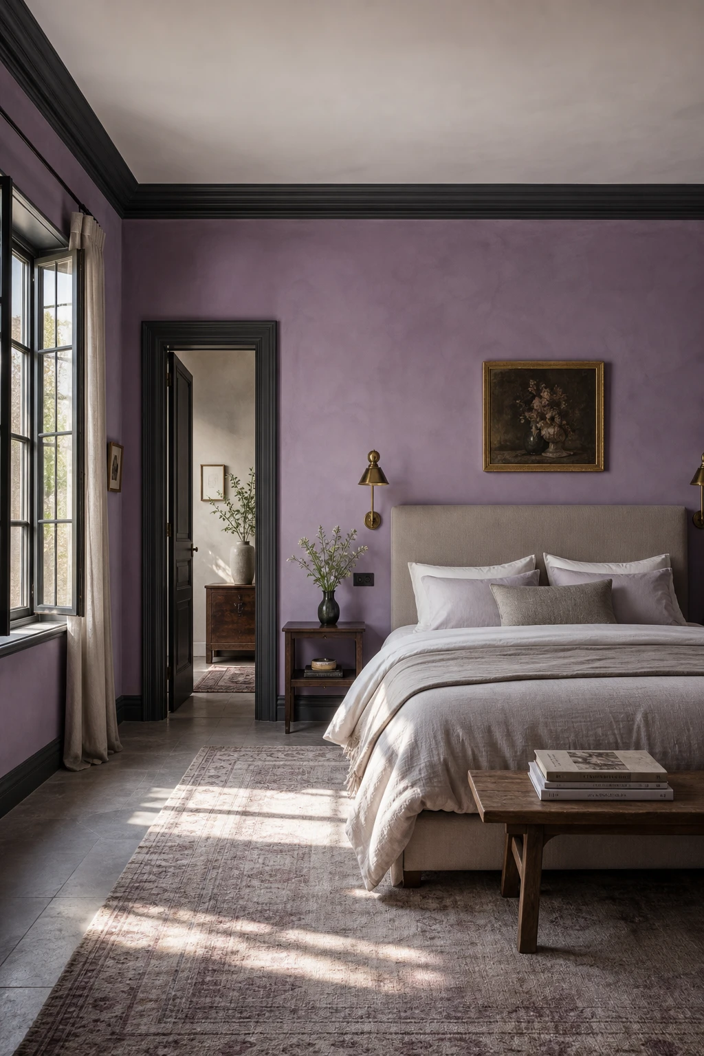 Airy purple and gray bedroom with lavender walls painted Farrow & Ball Down Pipe trim, linen bedding, natural light from tall windows