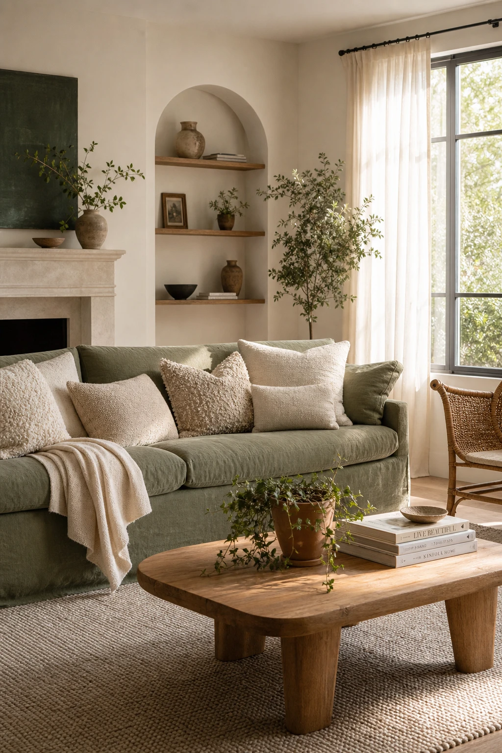 Airy white living room anchored by a sage green linen sofa, styled with warm wood coffee table, cream boucle cushions, and soft natural light from tall windows