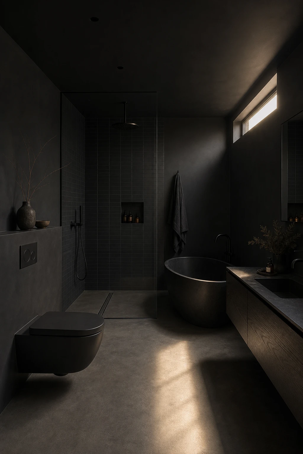 All black minimalist bathroom with matte black toilet, freestanding tub, concrete floor, and Farrow and Ball Bible Black walls in moody directional light
