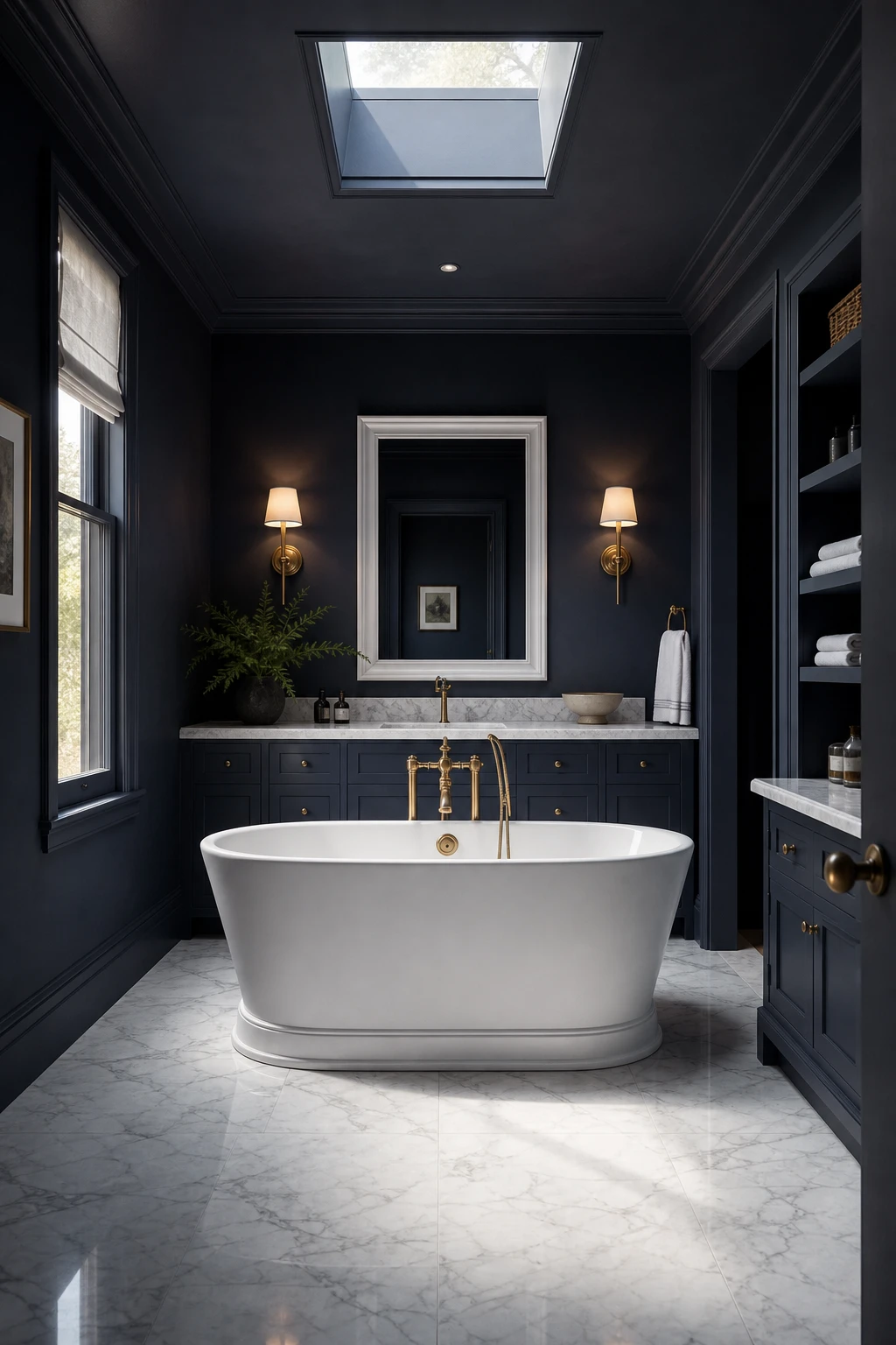 All over navy painted bathroom with Farrow and Ball Hague Blue walls ceiling and woodwork lit by warm sconces and a skylight above a white freestanding tub