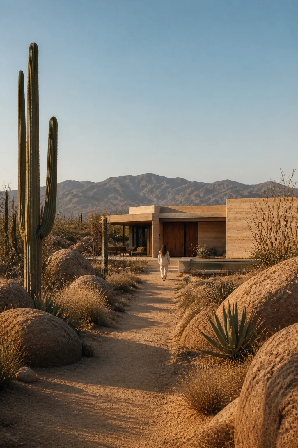 arrival master at Baja Earth House in Baja California Sur in an original fictional editorial architecture story about material, landscape, light and the calm sequence of rooms.....