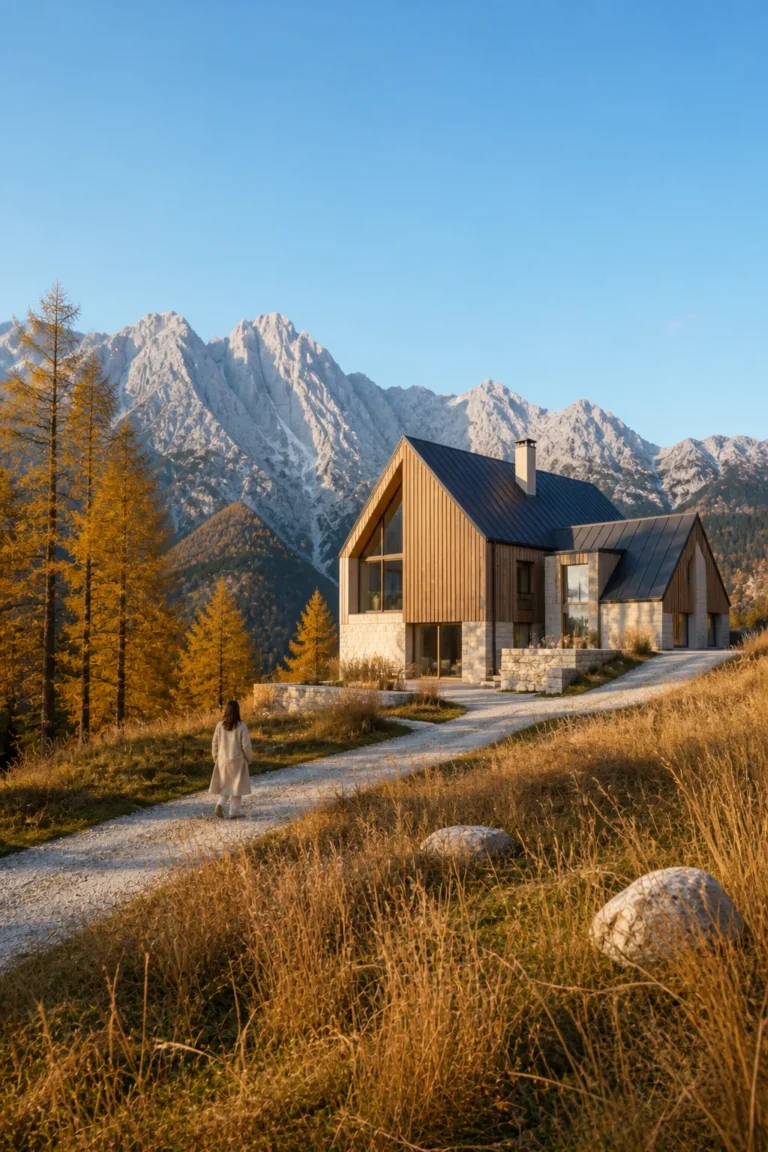 arrival master at the Slovenian Alpine House in the Julian Alps in an original fictional editorial architecture story about material, landscape, light and the calm sequence of room