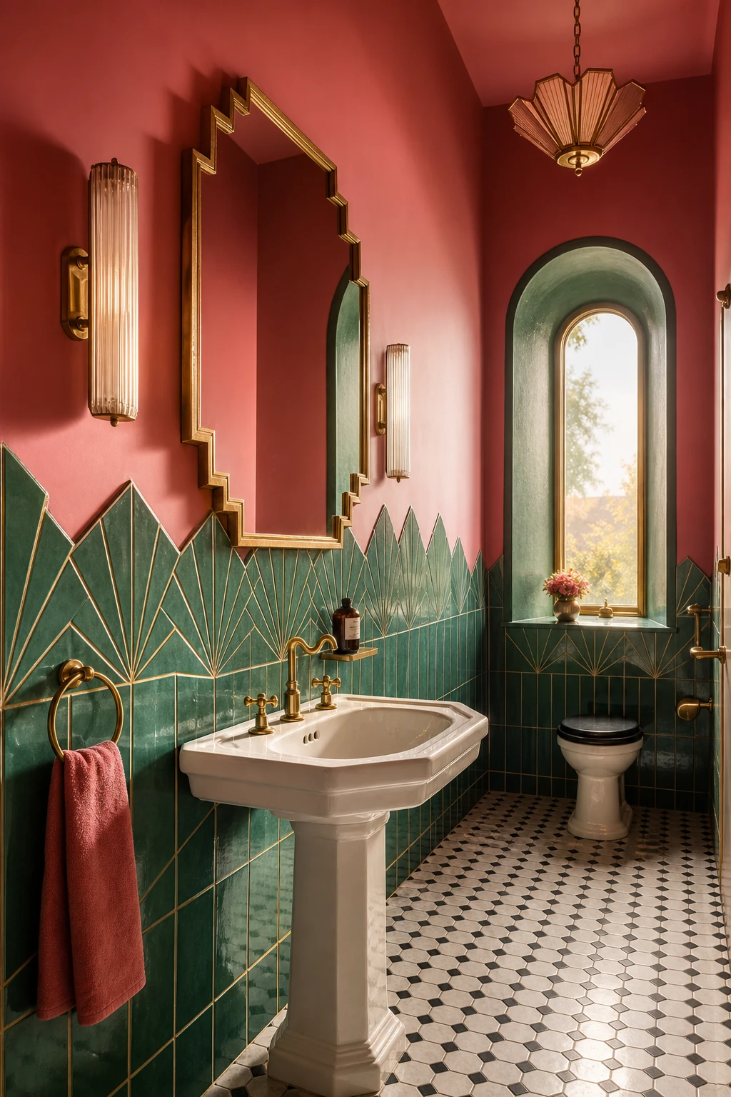 Art Deco bathroom with hot pink walls, green tilework hero, geometric mirror, brass fixtures, and mosaic floor in a warm morning light
