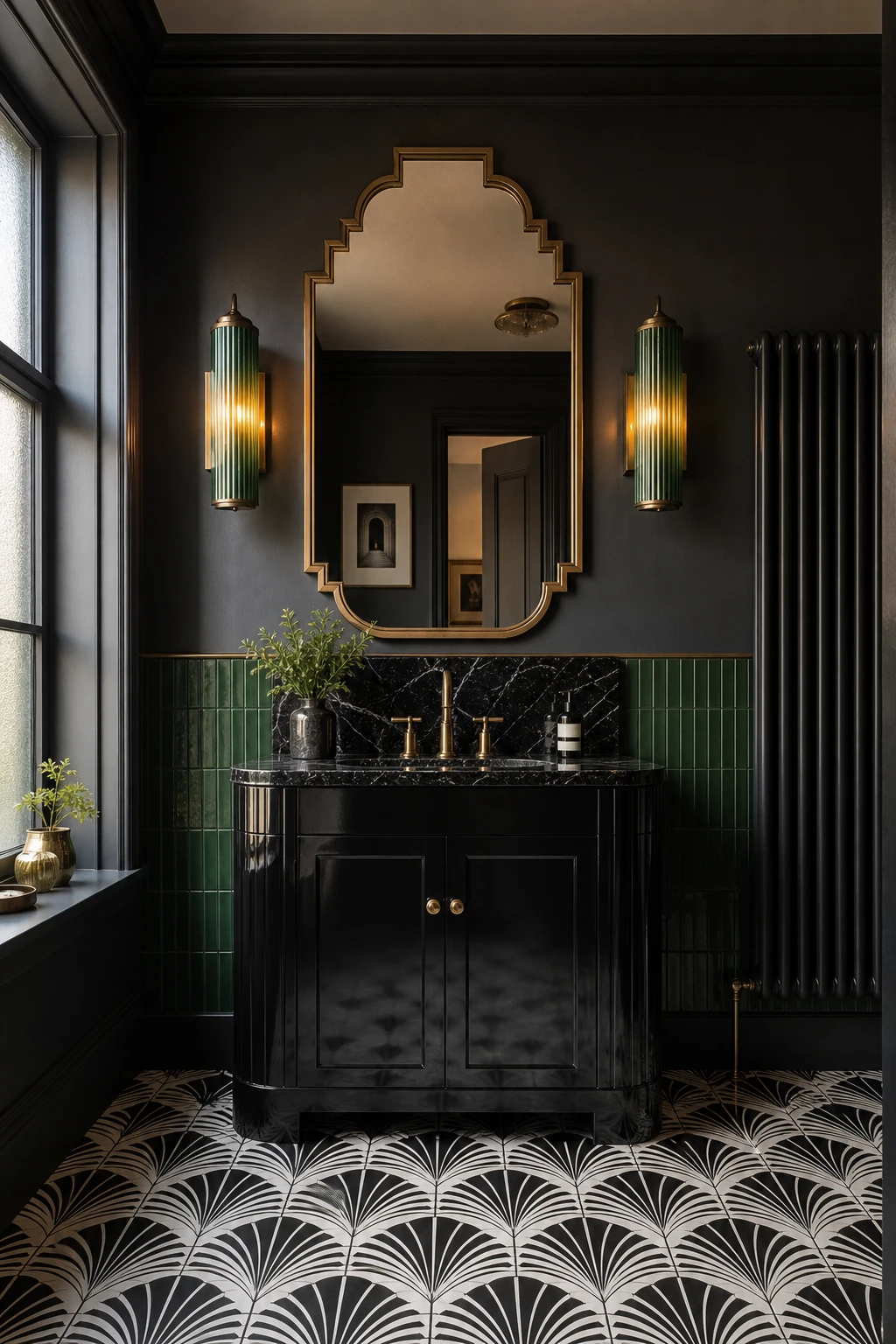 Art Deco green and black bathroom with geometric floor tiles, fluted glass sconce, arched mirror and Farrow and Ball Liquorice painted vanity cabinet