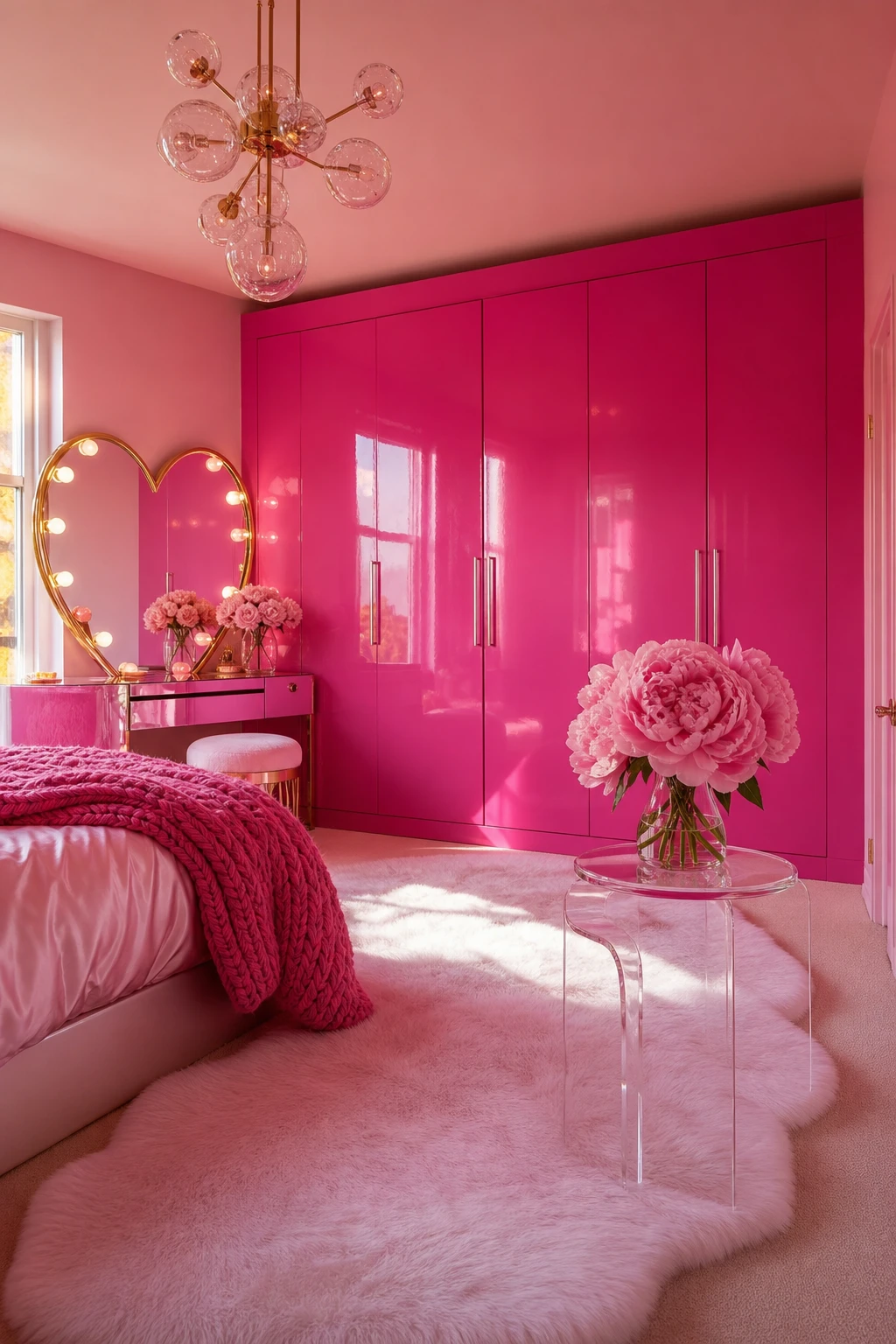 Barbiecore hot pink interior with glossy arched wardrobe, heart shaped mirror, fluffy rug, and Farrow and Ball Calamine painted walls in a fully committed pink fantasy bedroom