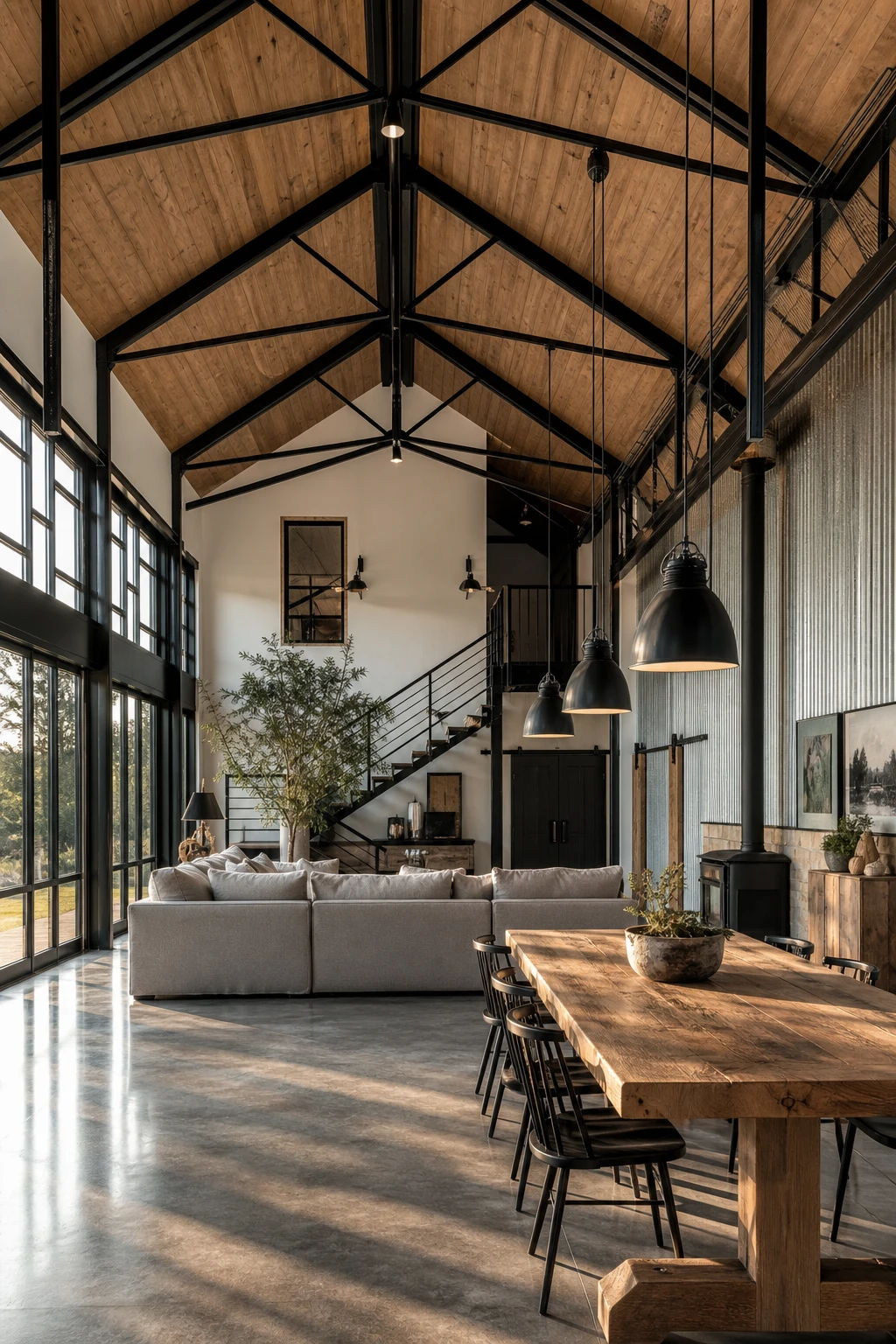 Barndominium living room with black steel exposed trusses, natural wood ceiling, white walls, and gray concrete floor in warm afternoon light