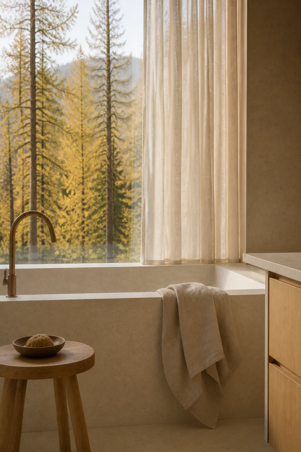 bath close at the Slovenian Alpine House in the Julian Alps in an original fictional editorial architecture story about material, landscape, light and the calm sequence of rooms...