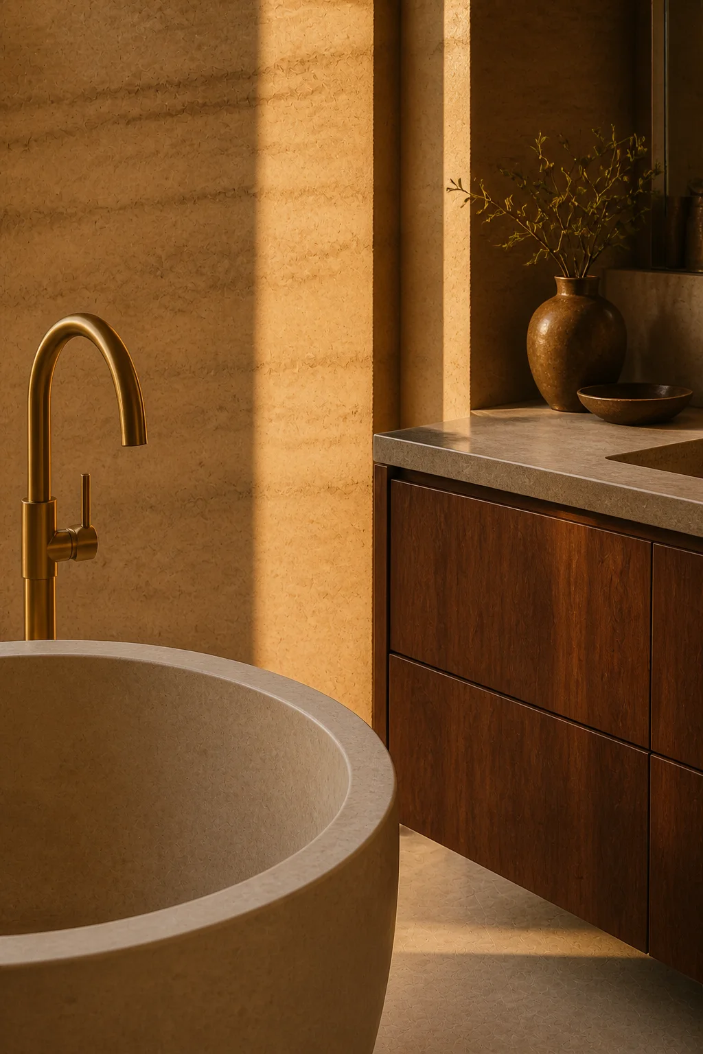 bathroom detail at Baja Earth House in Baja California Sur in an original fictional editorial architecture story about material, landscape, light and the calm sequence of rooms....