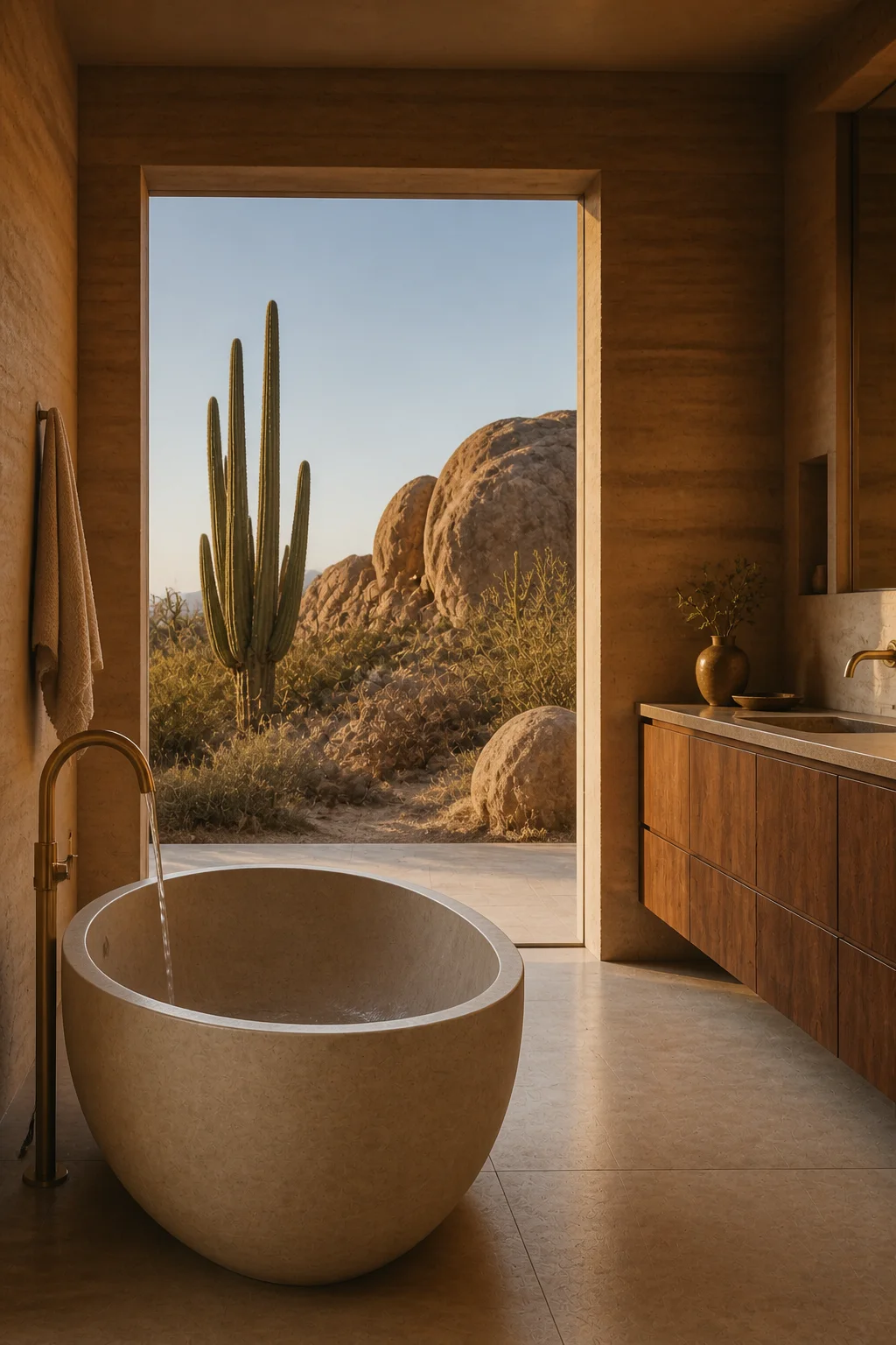 bathroom master at Baja Earth House in Baja California Sur in an original fictional editorial architecture story about material, landscape, light and the calm sequence of rooms....
