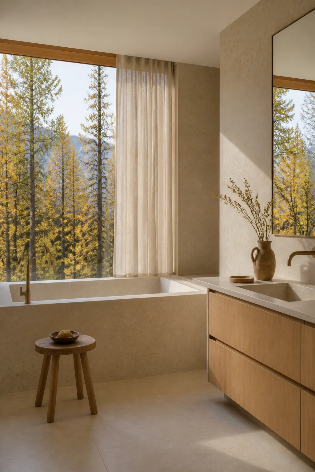 bathroom master at the Slovenian Alpine House in the Julian Alps in an original fictional editorial architecture story about material, landscape, light and the calm sequence of roo