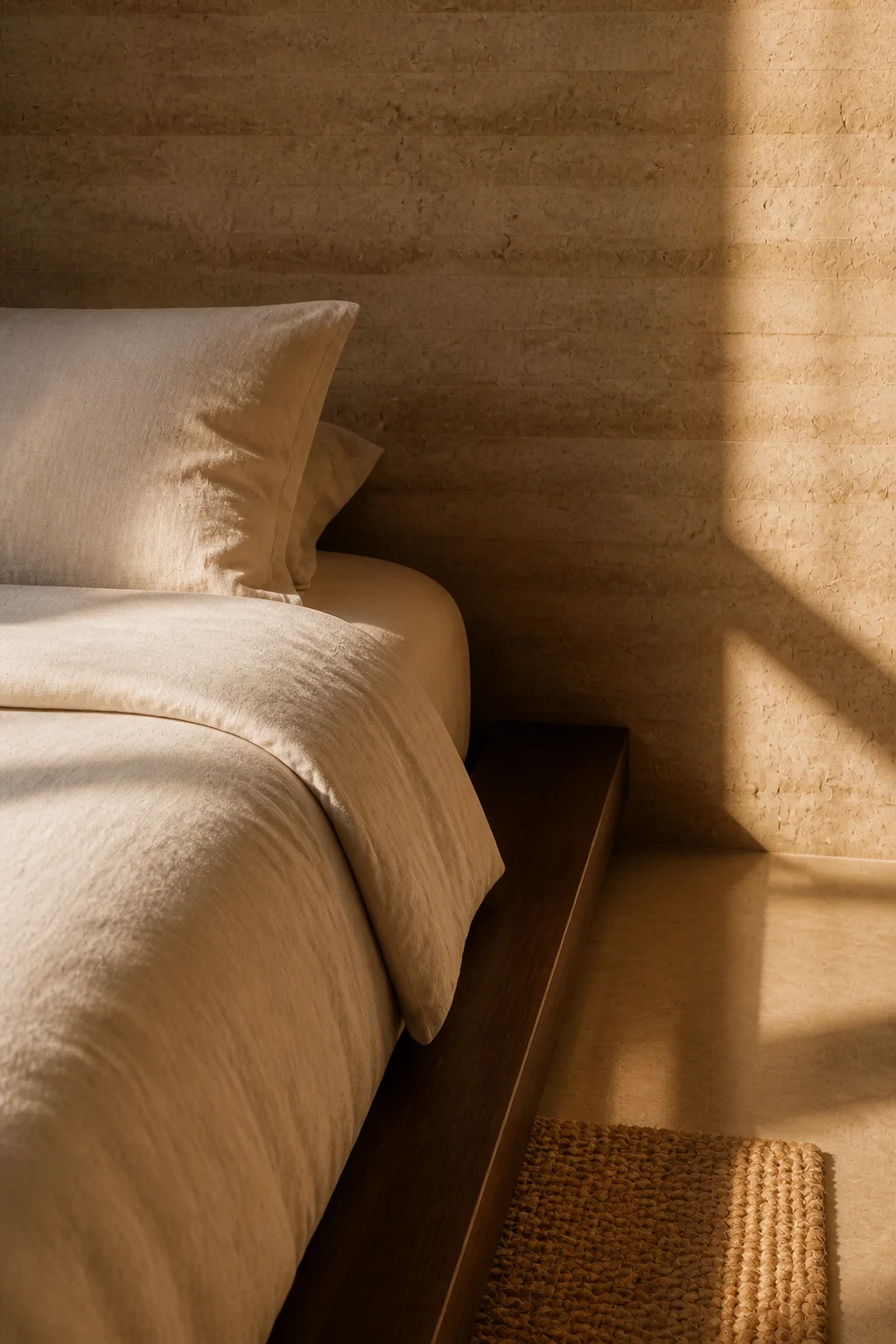 bedroom detail at Baja Earth House in Baja California Sur in an original fictional editorial architecture story about material, landscape, light and the calm sequence of rooms.....