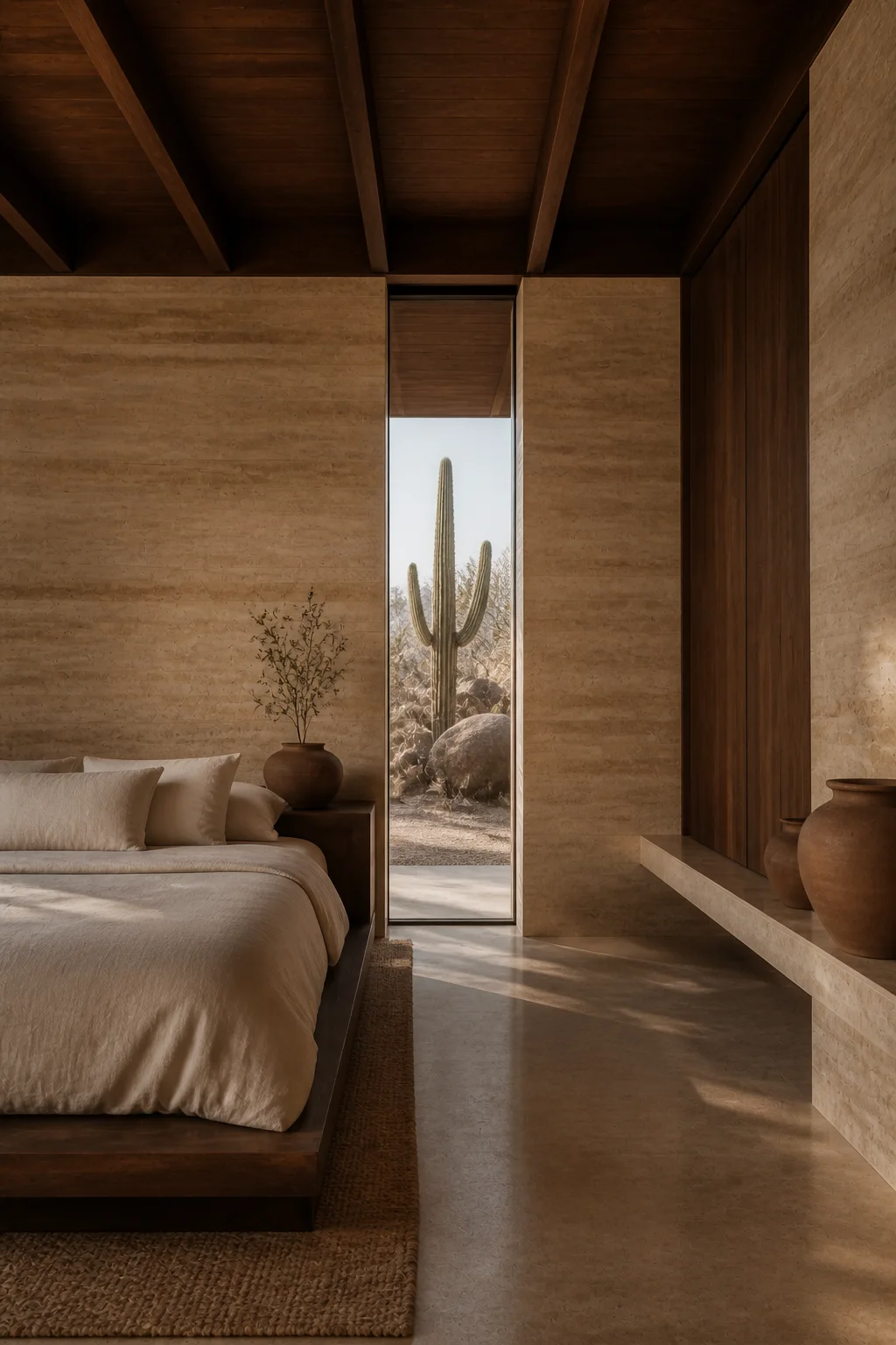 bedroom master at Baja Earth House in Baja California Sur in an original fictional editorial architecture story about material, landscape, light and the calm sequence of rooms.....