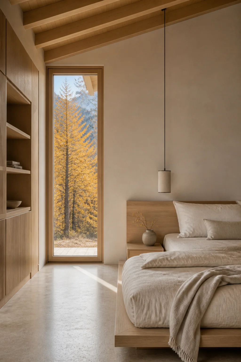 bedroom master at the Slovenian Alpine House in the Julian Alps in an original fictional editorial architecture story about material, landscape, light and the calm sequence of room