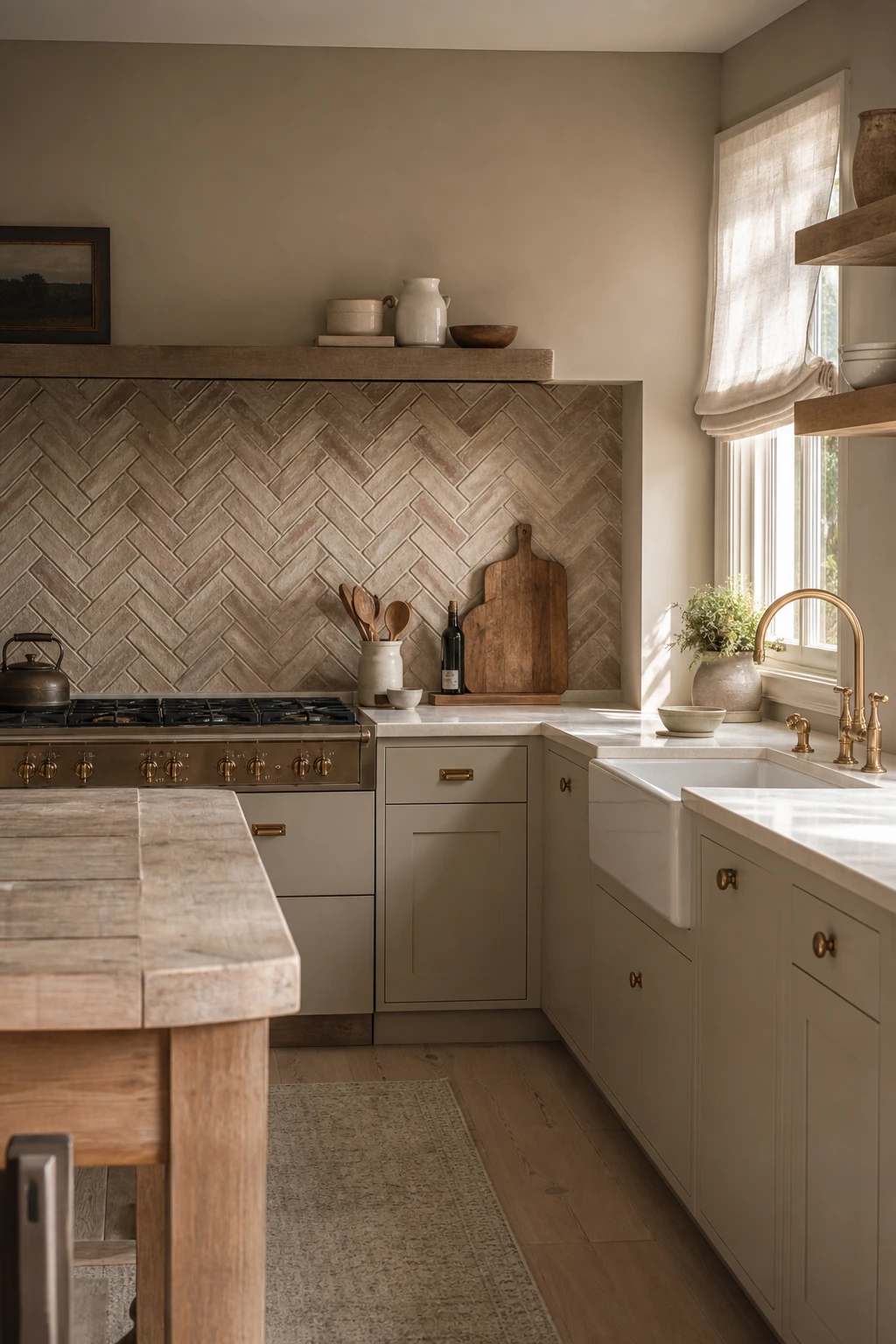 Beige kitchen cabinets with a herringbone brick backsplash in warm neutral tones, natural light from a side window, magazine quality interior photography