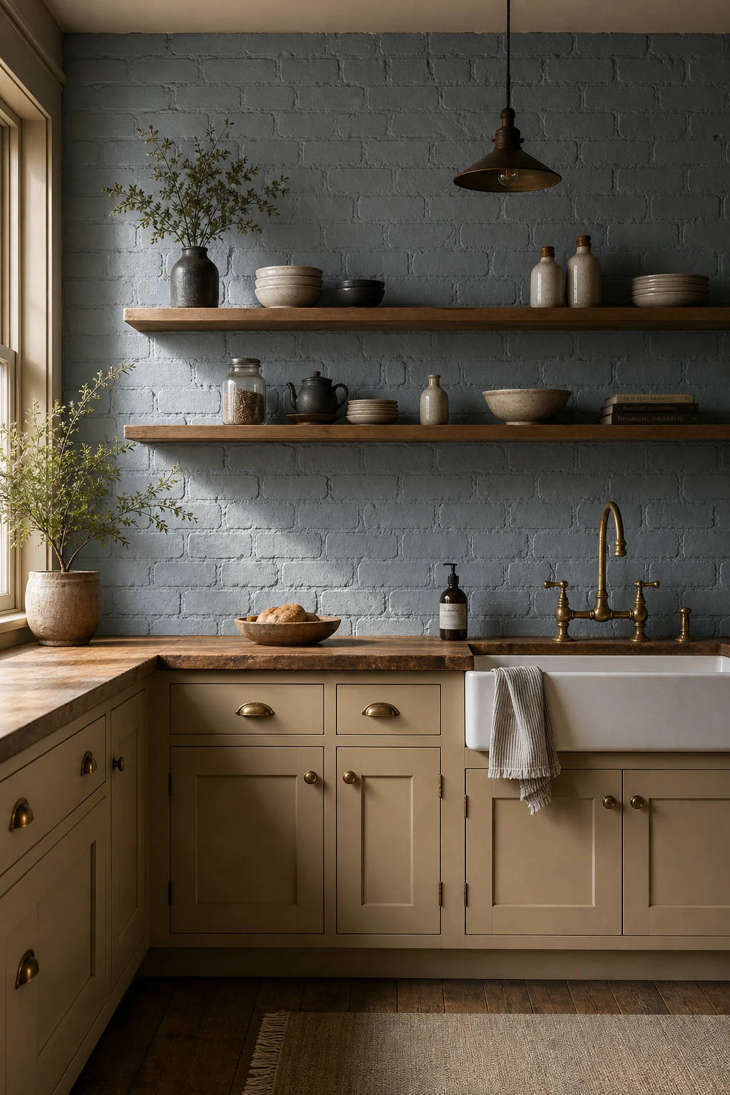Beige kitchen cabinets with a painted brick backsplash in Farrow & Ball Blue Gray, warm natural light, subway tile floor, open shelving, brass fixtures