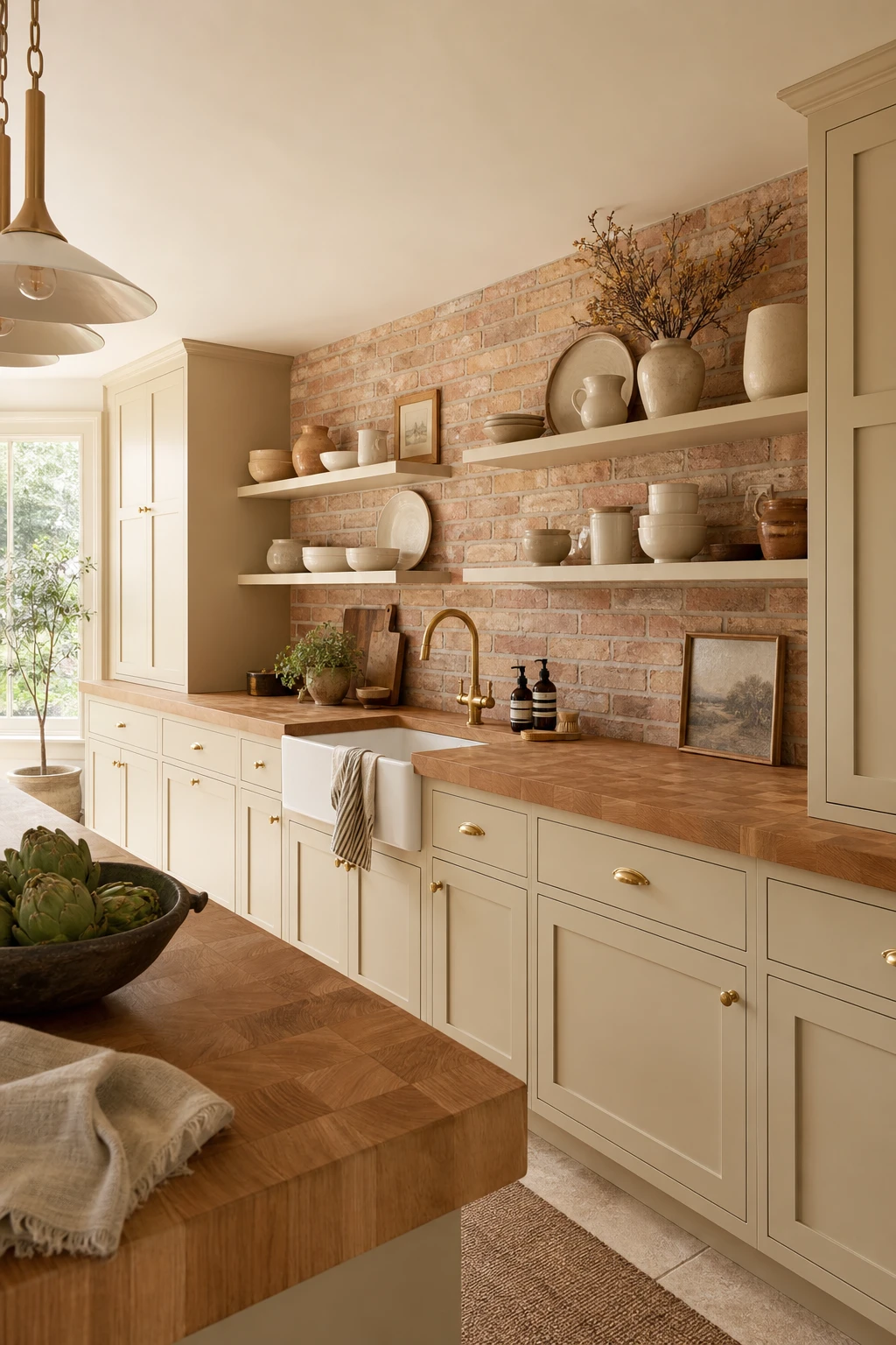 Beige kitchen cabinets with brick backsplash and butcher block countertops in warm natural light, featuring Farrow and Ball Tallow painted cabinetry