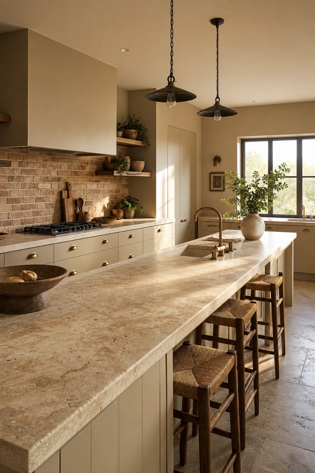 Beige kitchen cabinets with brick backsplash and travertine countertops in warm natural light, Farrow and Ball String paint on walls