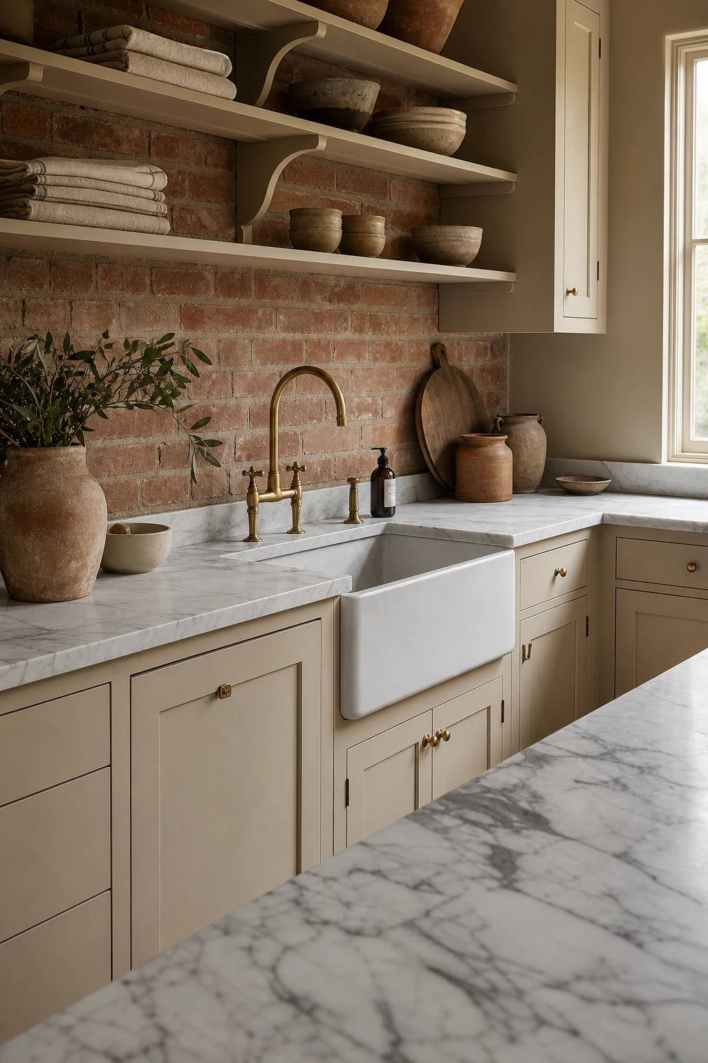 Beige kitchen cabinets with brick backsplash featuring marble countertops as the hero, soft veined slabs beside exposed brick, warm natural light