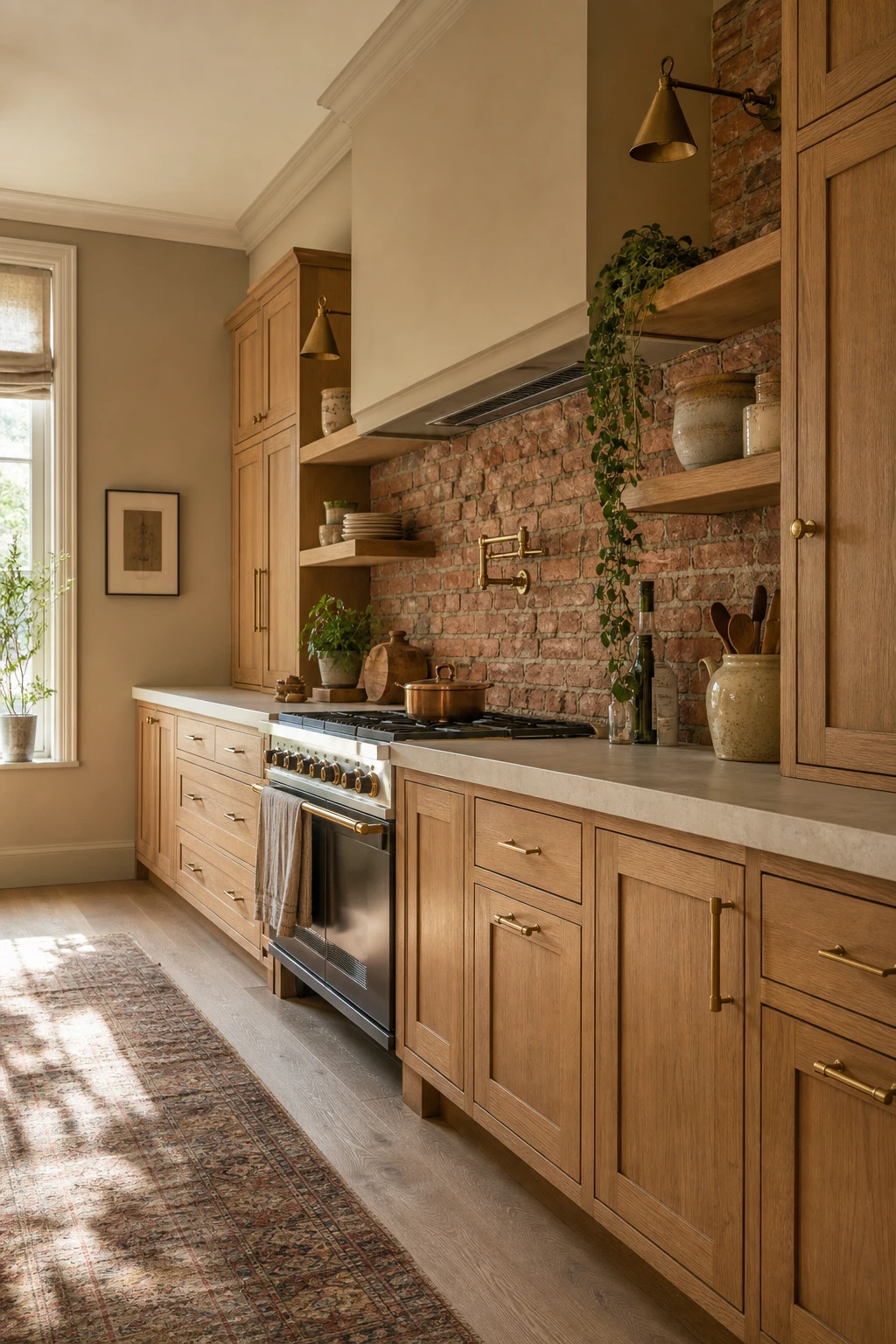 Beige kitchen cabinets with brick backsplash featuring warm wood cabinet fronts, open shelving, stone countertops, and Farrow and Ball Cord painted walls