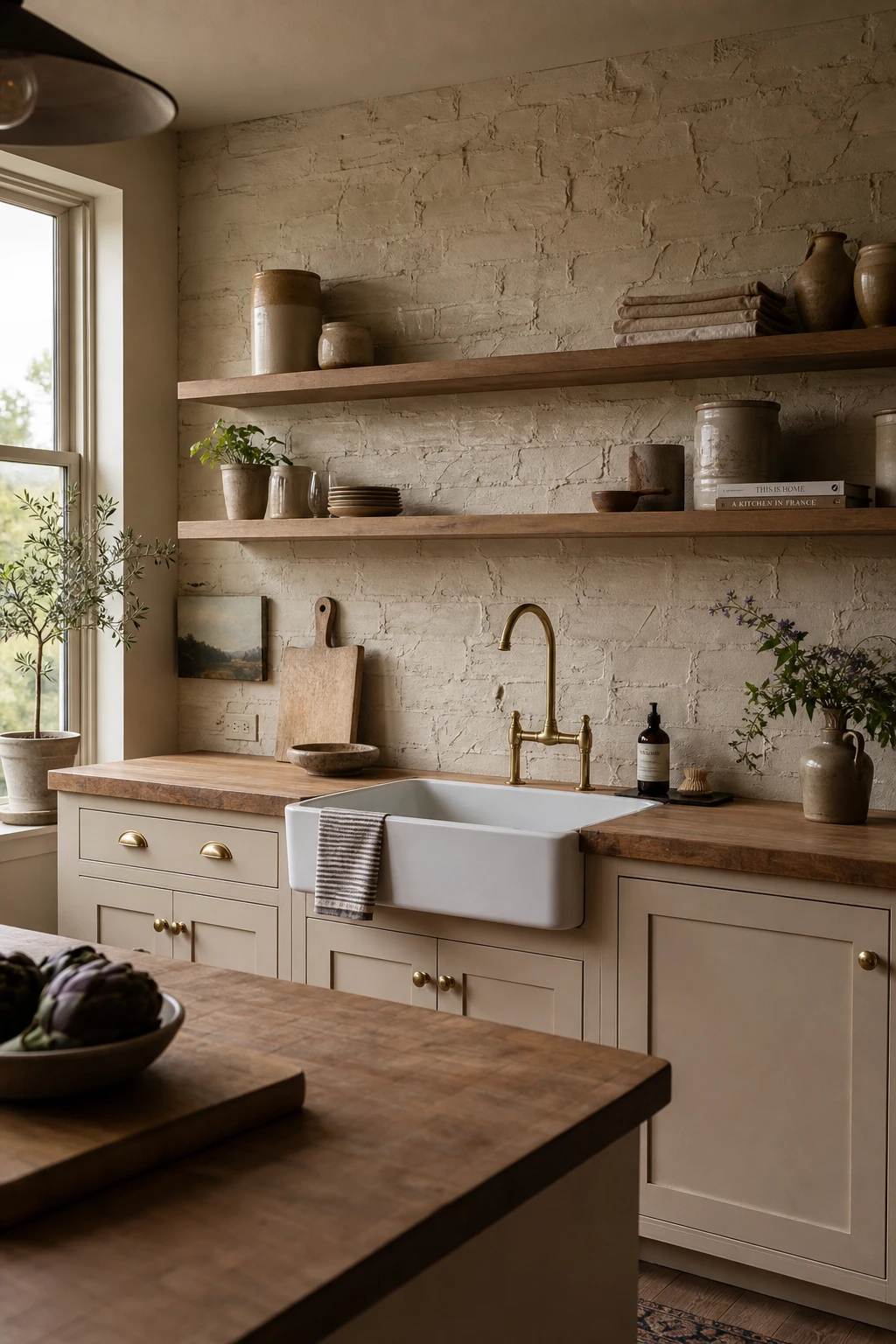 Beige kitchen cabinets with brick backsplash finished in German schmear mortar wash technique, warm rustic texture, Farrow and Ball Biscuit painted cabinetry