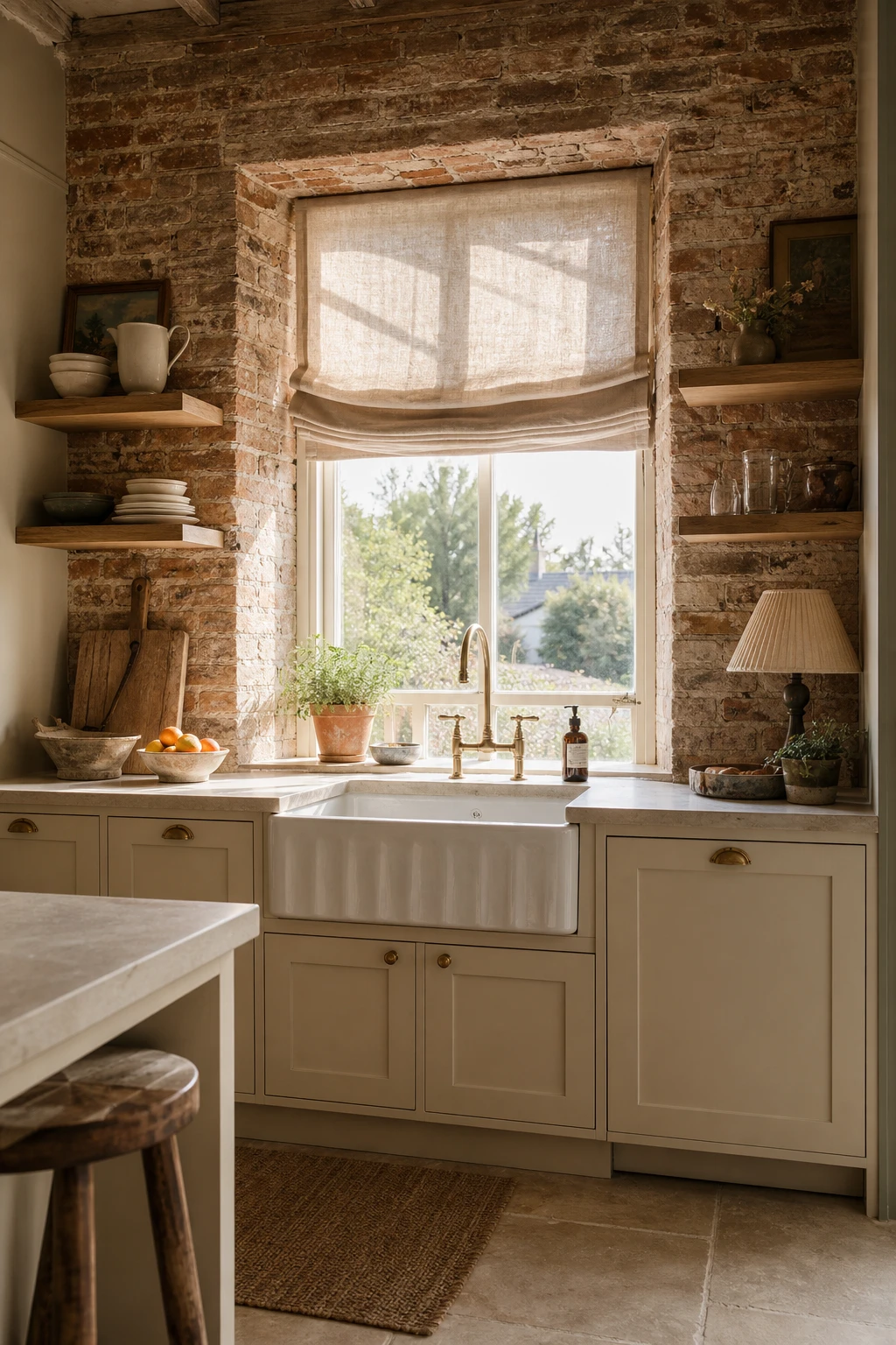Beige kitchen cabinets with brick backsplash framing a window, warm natural light, Farrow & Ball Dorset Cream cabinets, rustic brick surround focal point