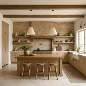 Beige shaker kitchen cabinets paired with a warm handmade brick backsplash, featuring an apron sink, butcher block island, open oak shelving, and aged brass hardware in soft morning light.