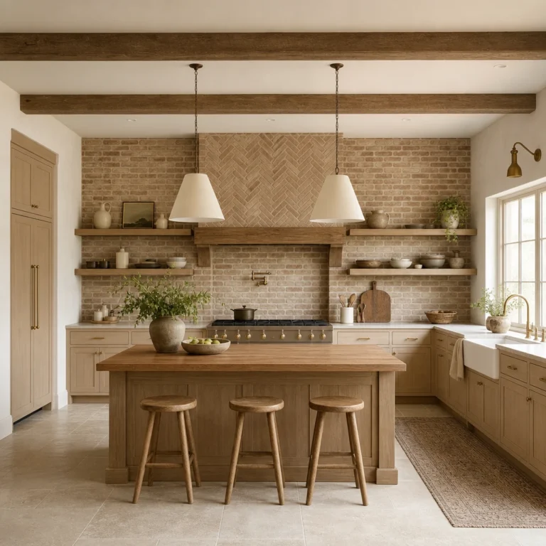 Beige shaker kitchen cabinets paired with a warm handmade brick backsplash, featuring an apron sink, butcher block island, open oak shelving, and aged brass hardware in soft morning light.