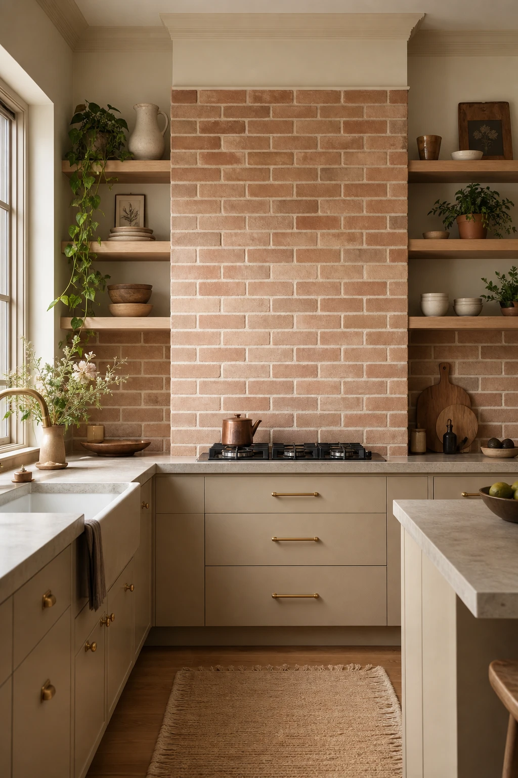 Beige kitchen cabinets with brick look tile backsplash in porcelain, warm overhead lighting, Farrow and Ball Bone painted walls, open shelving and brass fixtures
