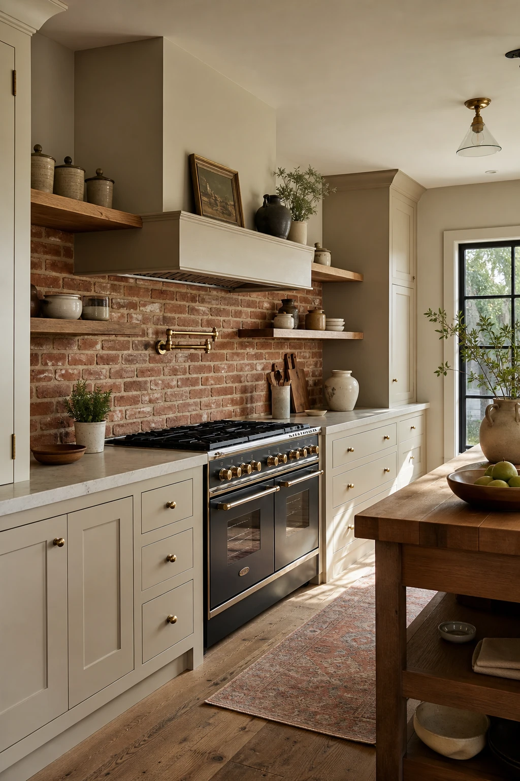 Beige kitchen cabinets with brick veneer tile backsplash, warm neutral walls in Farrow and Ball Dimity, natural light from a nearby window