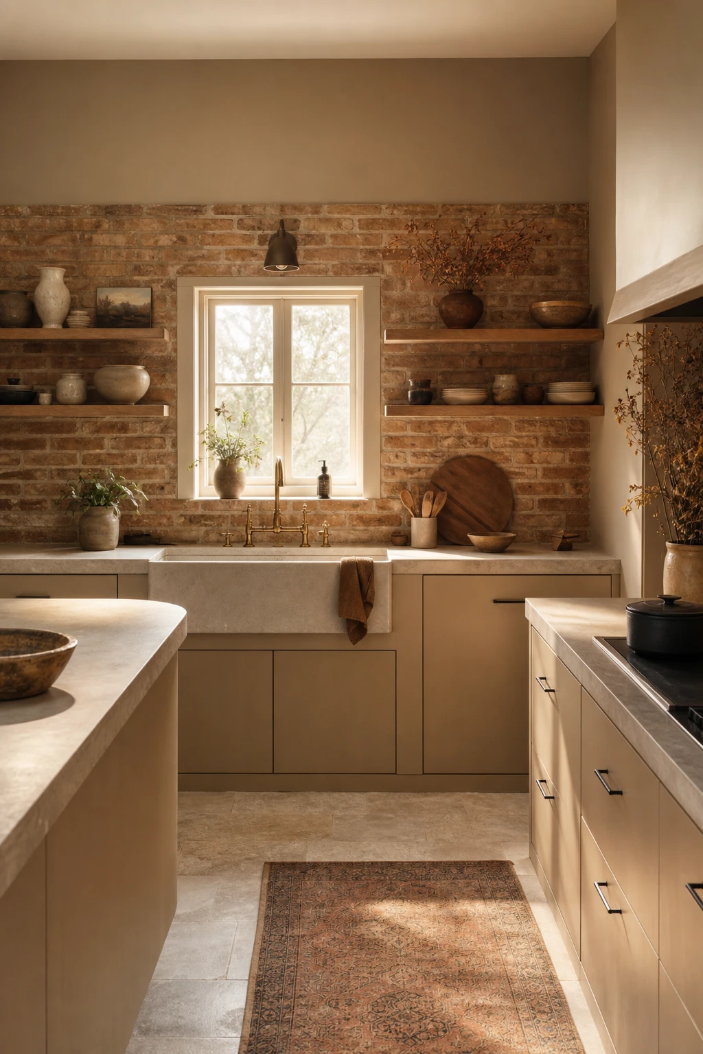 Beige kitchen cabinets with brown brick backsplash as hero, warm layered tones, natural light, cosy grounded atmosphere