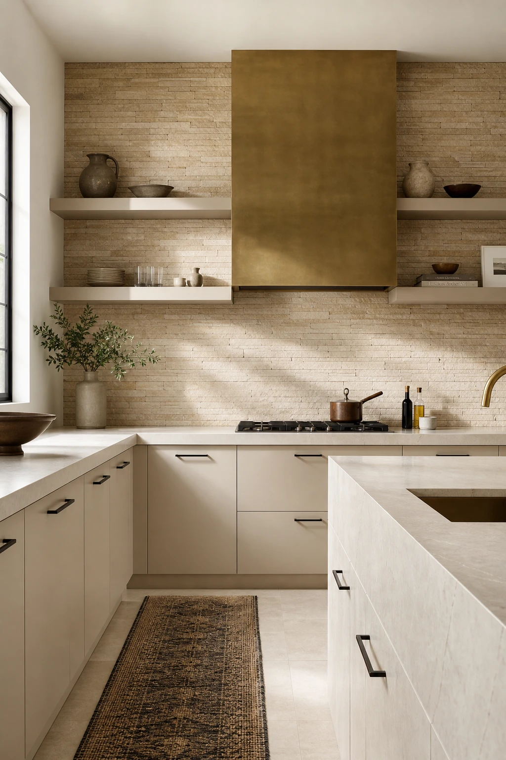Beige kitchen cabinets with dry stack tile brick backsplash in a modern layout, featuring tight seamless joints and Cornforth White walls under natural light