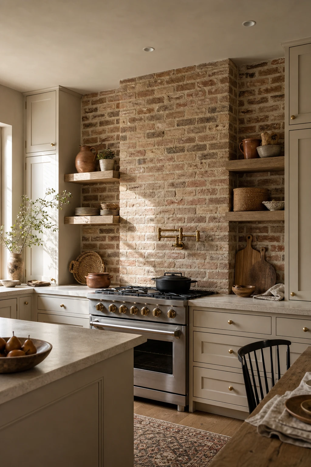 Beige kitchen cabinets with exposed brick backsplash hero, warm natural light, Drop Cloth painted walls, open shelving, terracotta accents, linen textiles