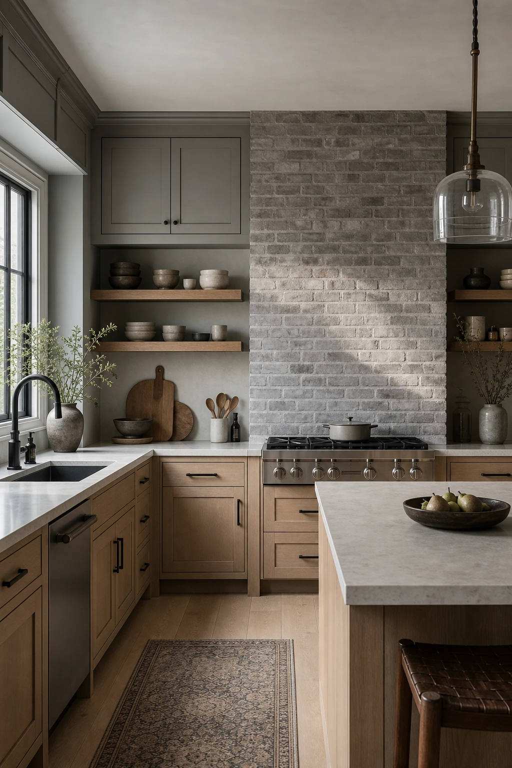 Beige kitchen cabinets with grey brick backsplash, warm natural light, Farrow and Ball Charleston Gray painted upper cabinets, open shelving and matte hardware