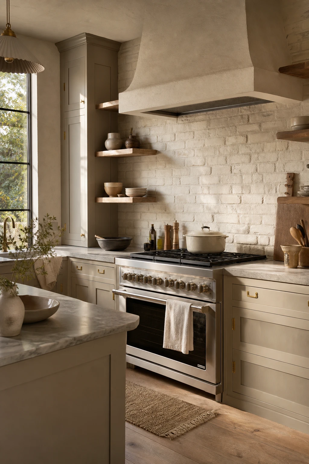 Beige kitchen cabinets with ivory brick backsplash, warm tonal layering, subway style bricks in creamy white, natural light from a window over the sink