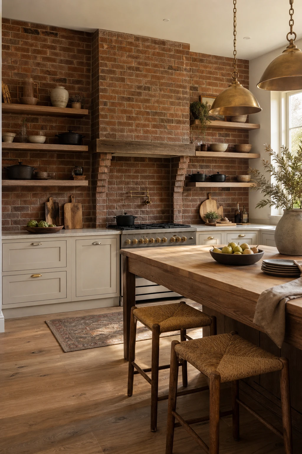 Beige kitchen cabinets with red brick backsplash, warm pendant lighting, open shelving, and Farrow and Ball Oxford Stone painted lower cabinets