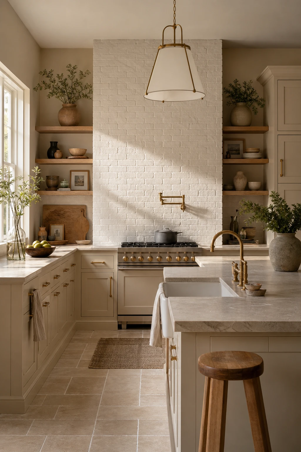 Beige kitchen cabinets with white brick backsplash, warm natural light, open shelving, brass fixtures, and Farrow & Ball Buff painted walls