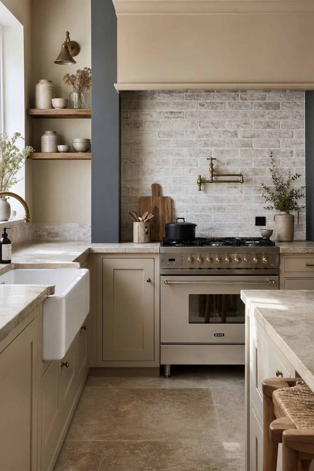 Beige kitchen cabinets with whitewash brick backsplash painted in Farrow and Ball Barrow Blue on a feature wall beside open shelving and brass fixtures