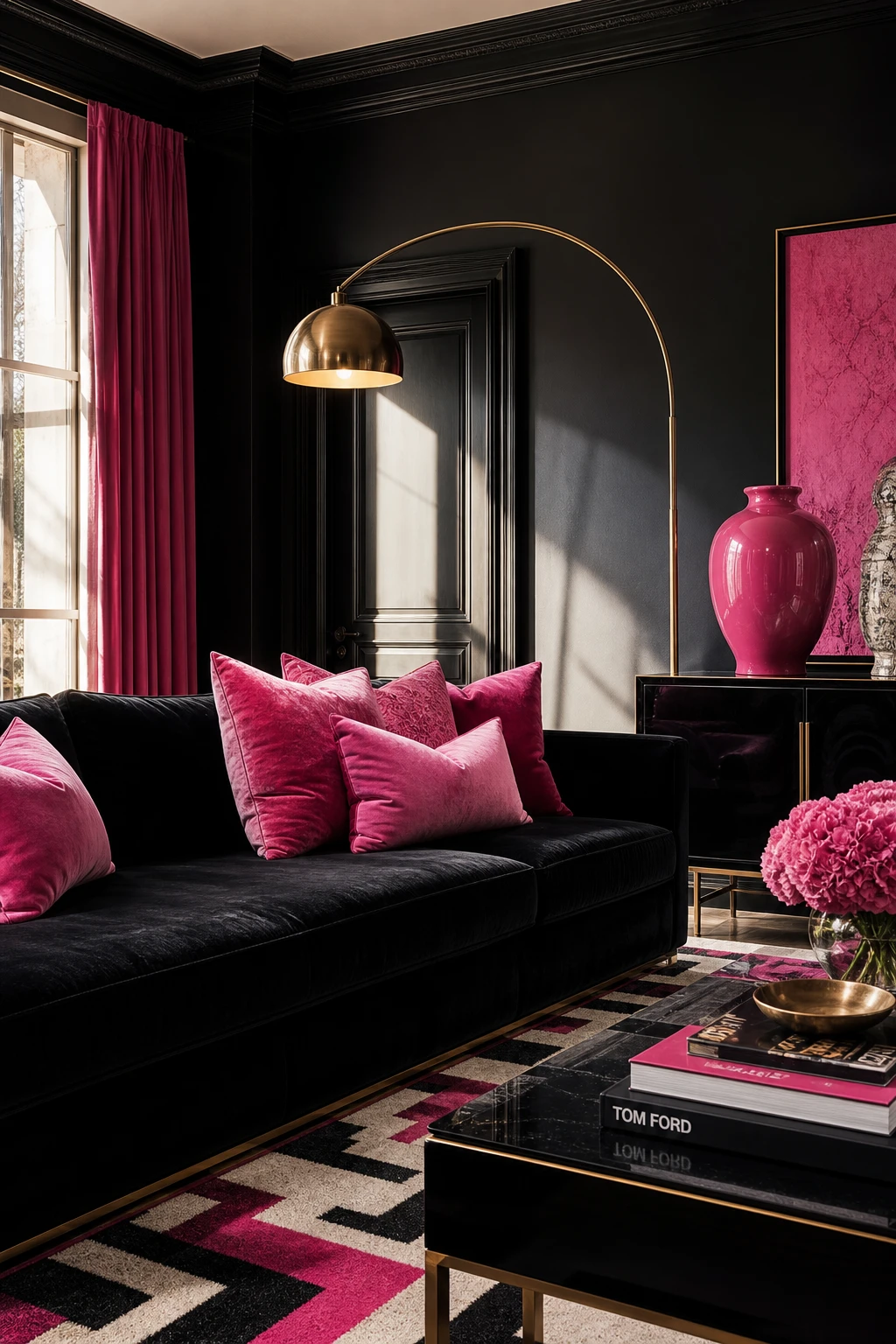 Black and hot pink living room with velvet sofa, lacquered black walls, pink accent cushions, brass floor lamp and geometric rug in high contrast Pink interior design