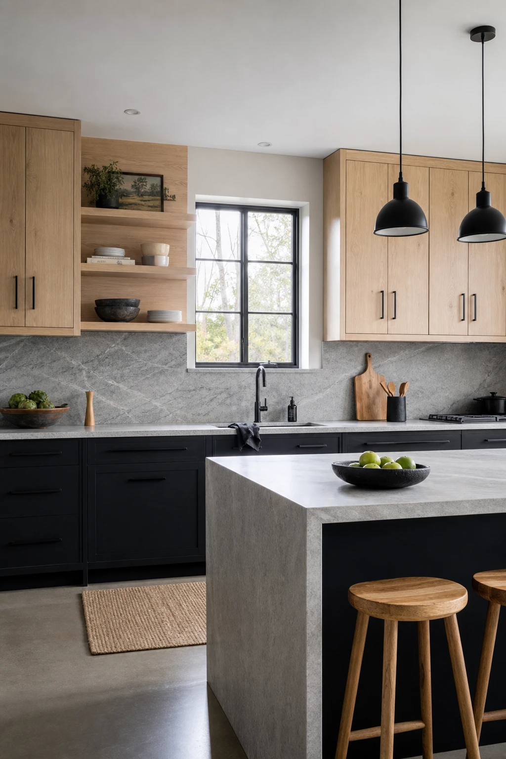 Black and light wood cabinet kitchen with Off Black lower cabinets, open shelving, stone countertops, and matte black hardware in a gray toned interior