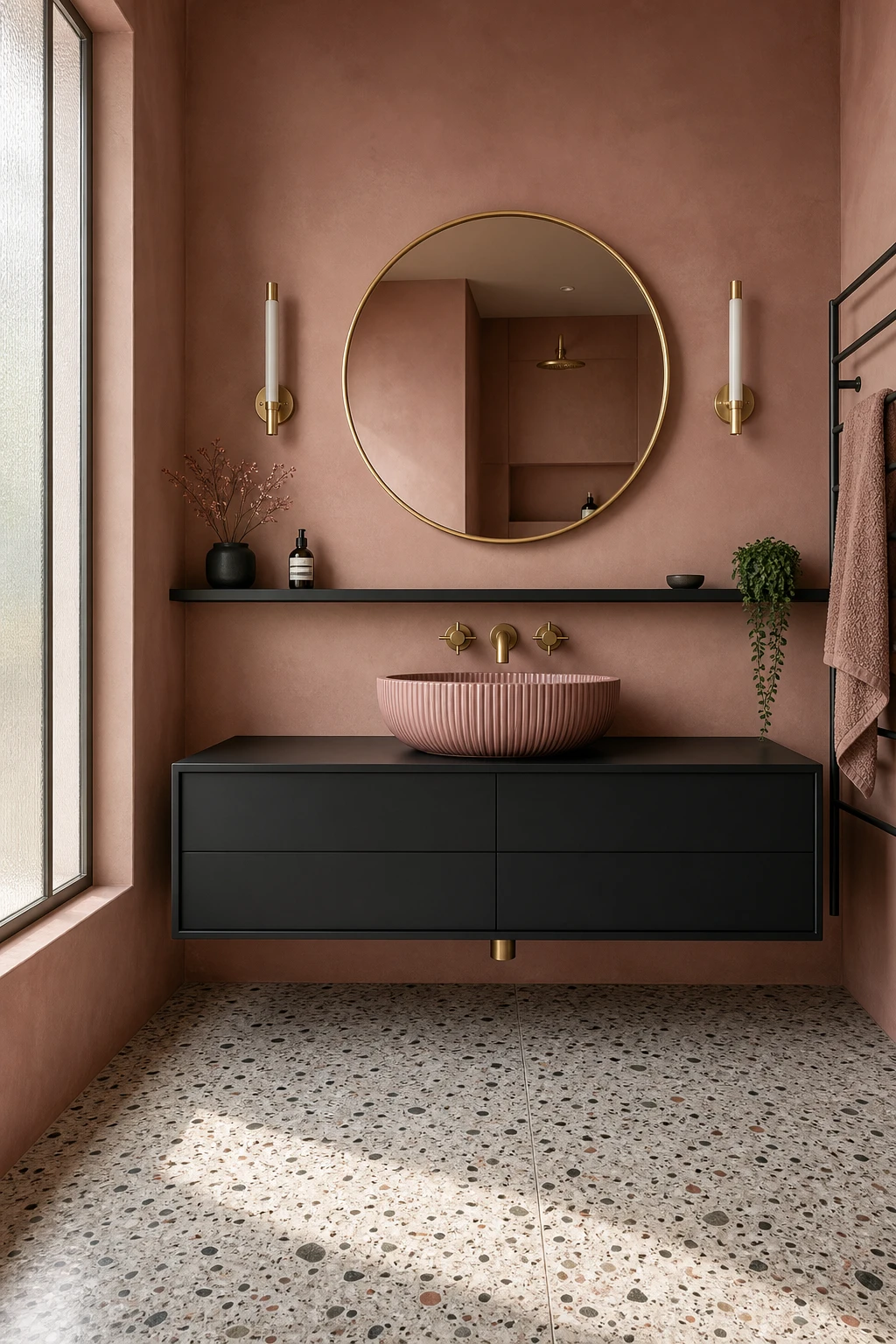 Black and pink bathroom with a floating vanity in matte black, pink walls, terrazzo floor, and gold fixtures under warm morning light