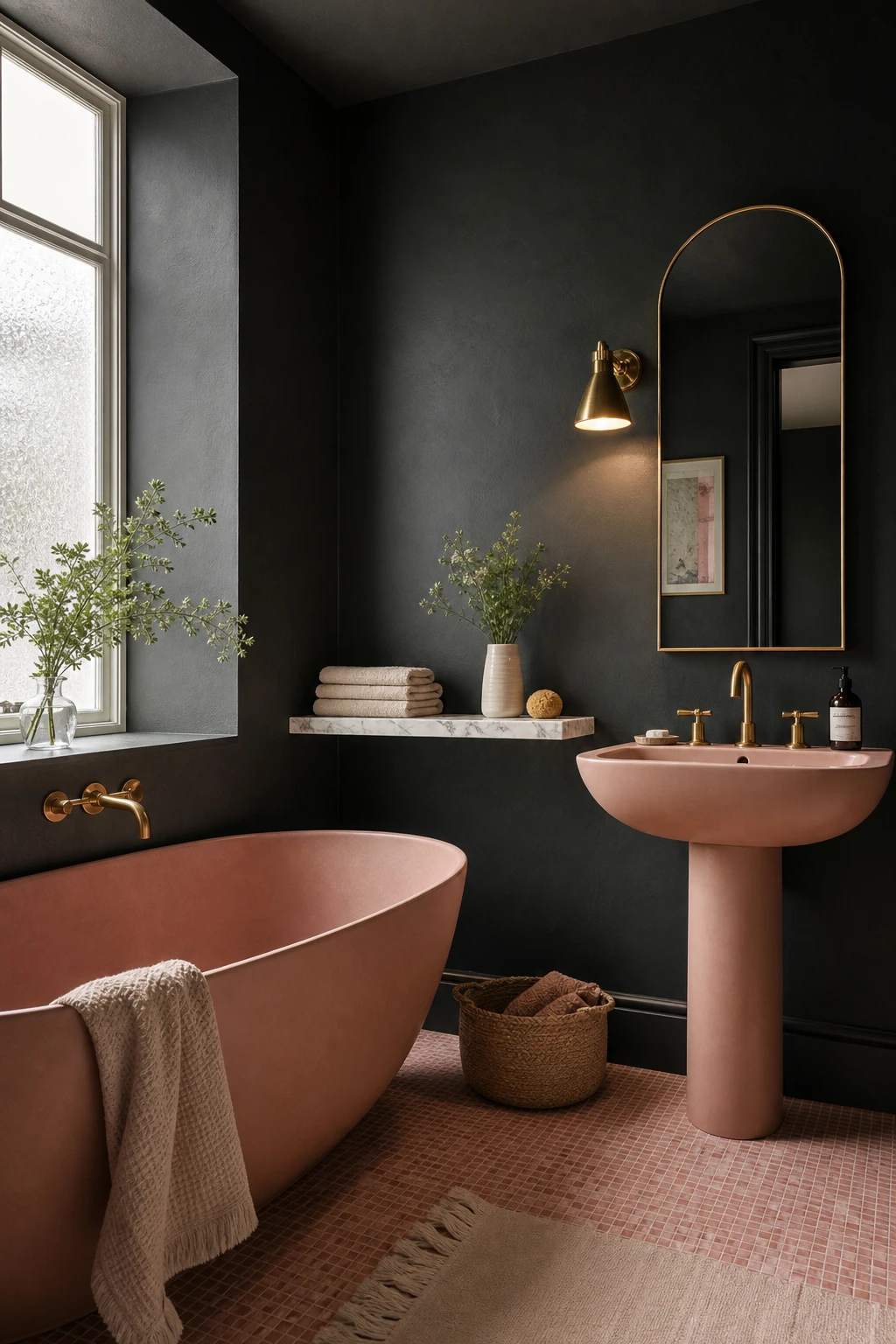 Black and pink bathroom with bold contrast, featuring dark walls, pink fixtures, and gleaming brass accents in a refined yet playful small space