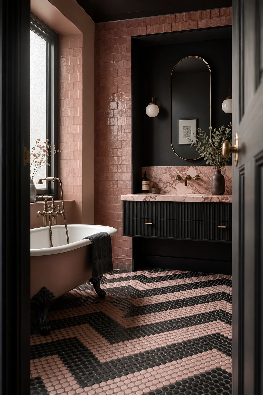 Black and pink bathroom with bold tile pattern hero, herringbone floor tiles, pink zellige wall tiles, matte black fixtures, and Farrow and Ball Pitch Black painted vanity wall