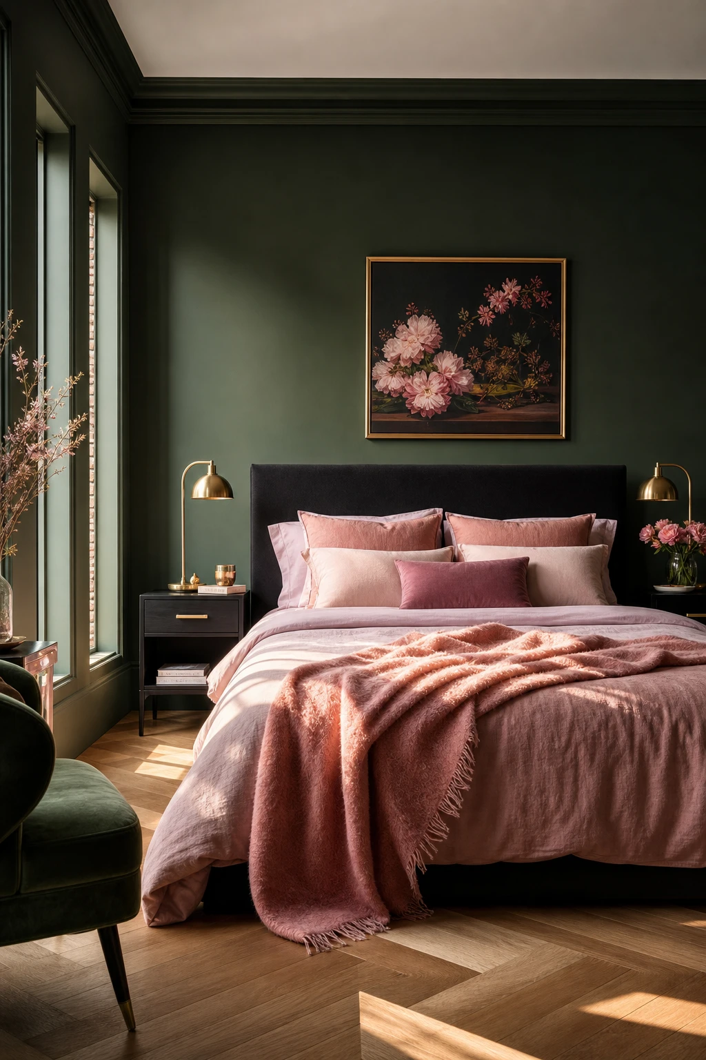 Black and pink bedroom with deep green accent wall, pink bedding, black furniture, and natural light from tall windows