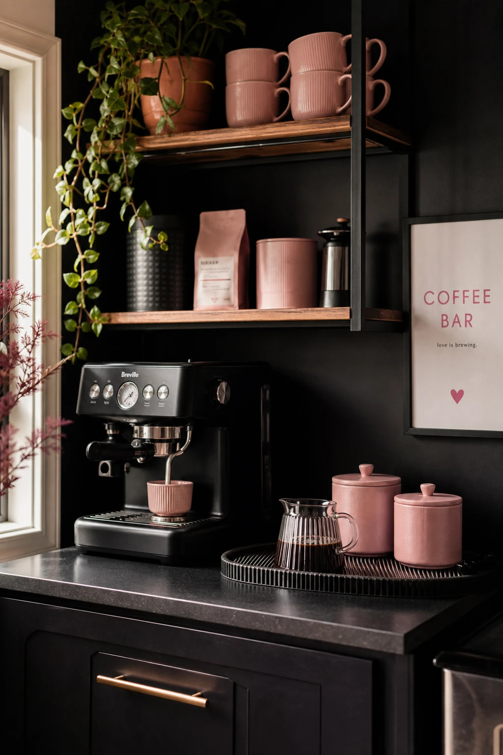 Black and pink coffee bar vignette with espresso machine hero, open shelving, pink mugs, and Farrow and Ball Paean Black painted wall behind