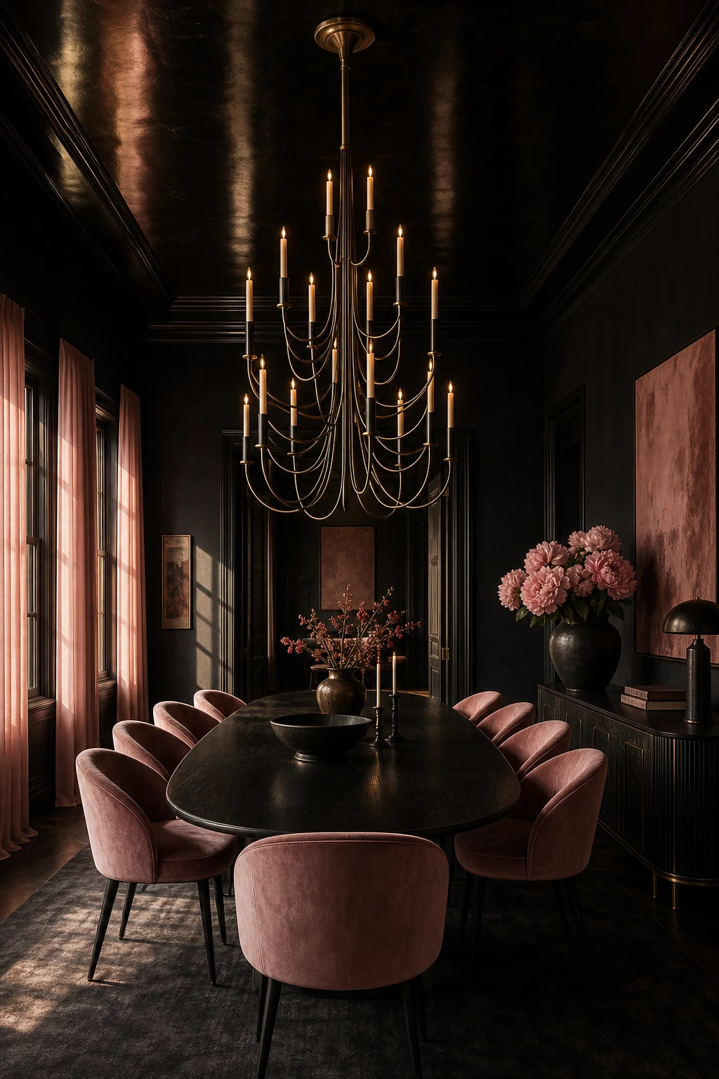 Black and pink dining room with a dramatic chandelier as centrepiece, deep black ceiling, blush pink walls, and dark furnishings under warm evening light