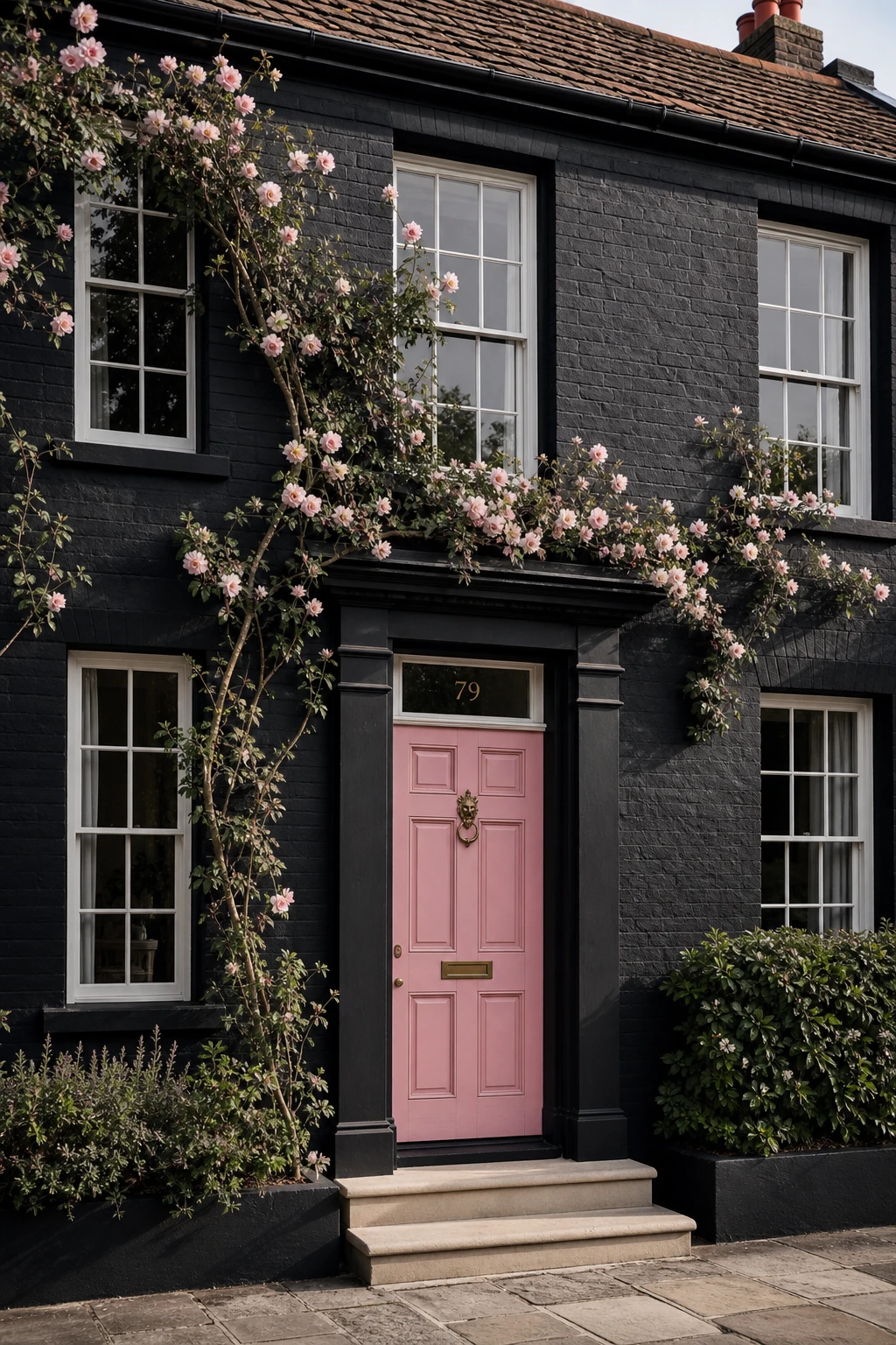 Black and pink house exterior with Farrow and Ball Liquorice facade, pink front door, sash windows and climbing roses under soft morning light