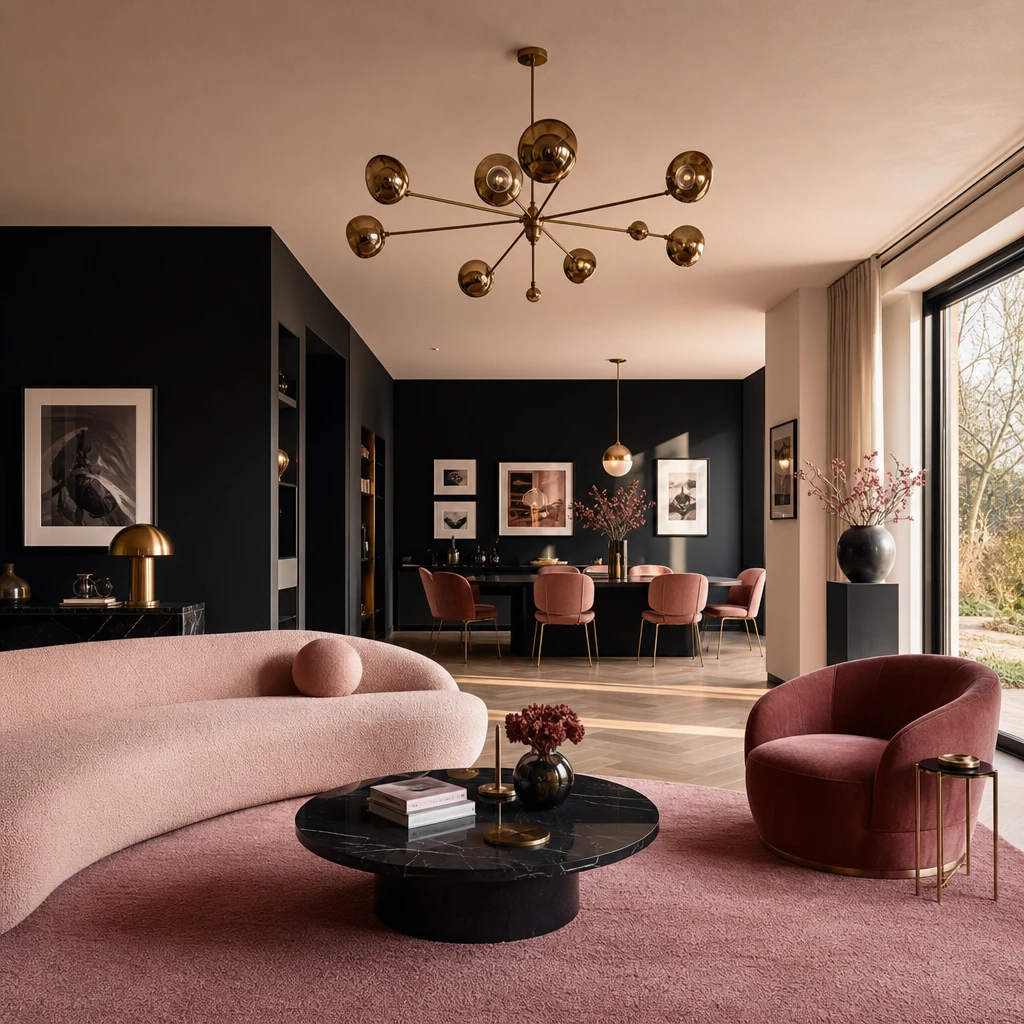 Black and pink interior design living room with Pitch Black matte walls, blush bouclé sofa, brass chandelier, pink wool rug, and lacquered black frames in warm late afternoon light.