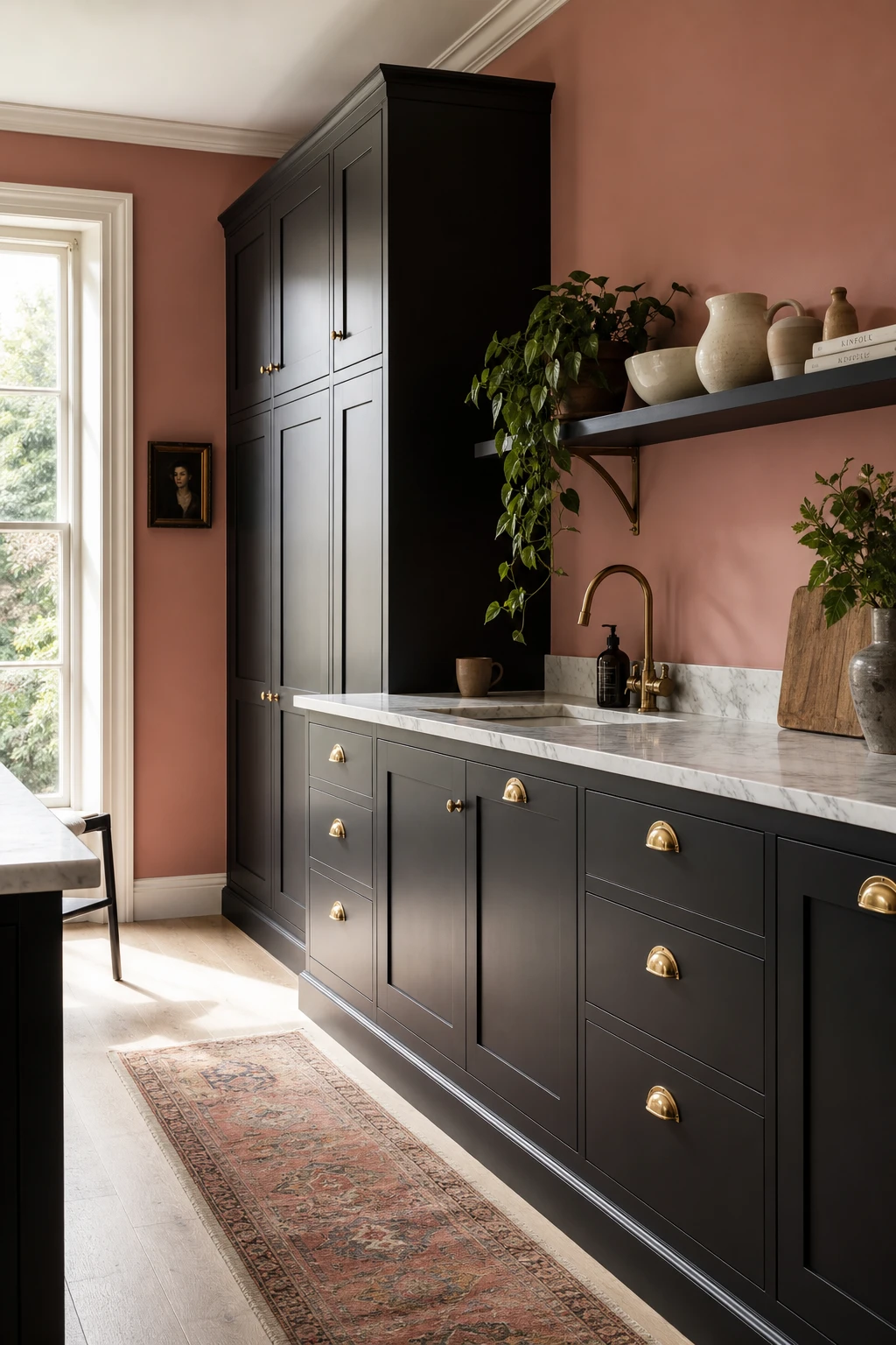 Black and pink interior design kitchen with black cabinets against Dead Salmon pink walls, brass hardware, open shelving, and marble countertops in warm morning light