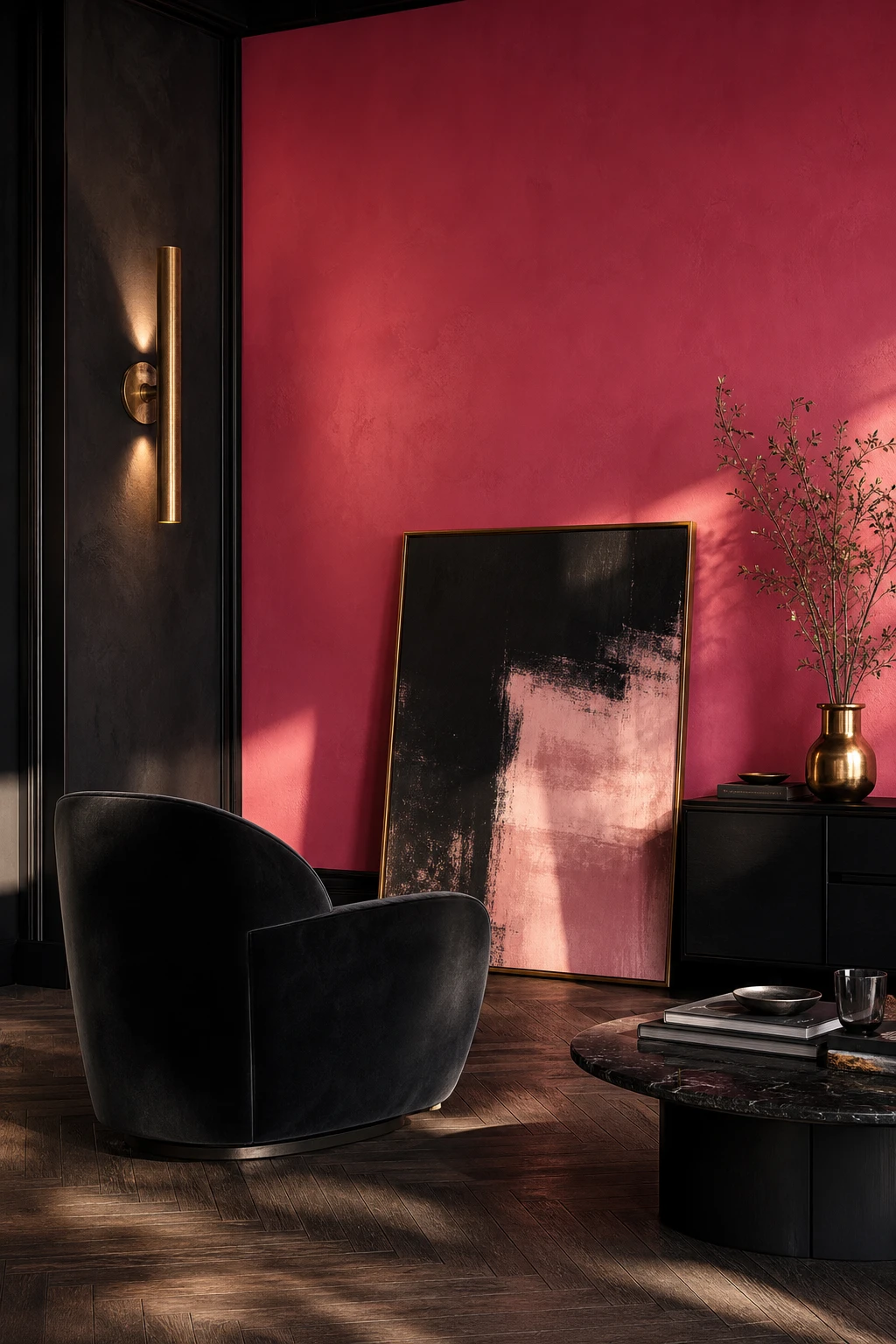 Black and pink interior with a hot pink Rangwali accent wall, bold artwork, brass sconce, velvet chair, and dark herringbone floor in a focused dramatic room